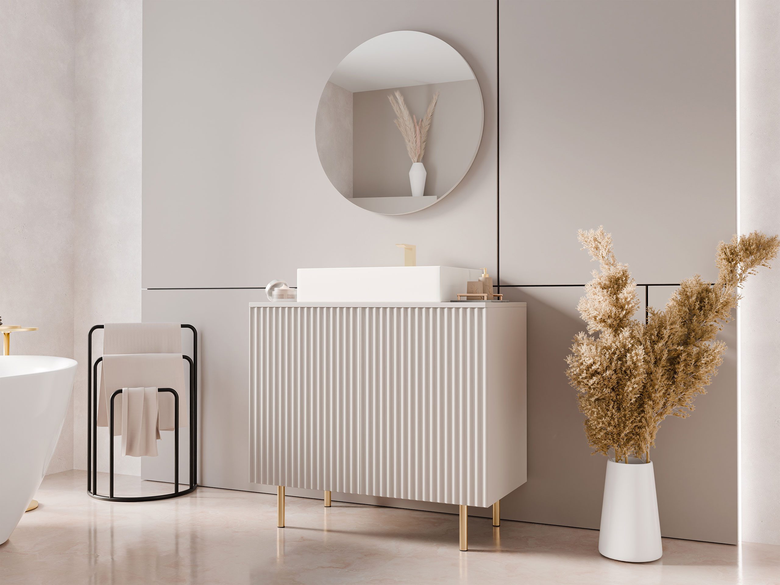 MIRJAN24 Badmöbel-Set Nubia I, (3er-Set, Spiegel, Waschbeckenschrank, Waschbecken), Metallfüße