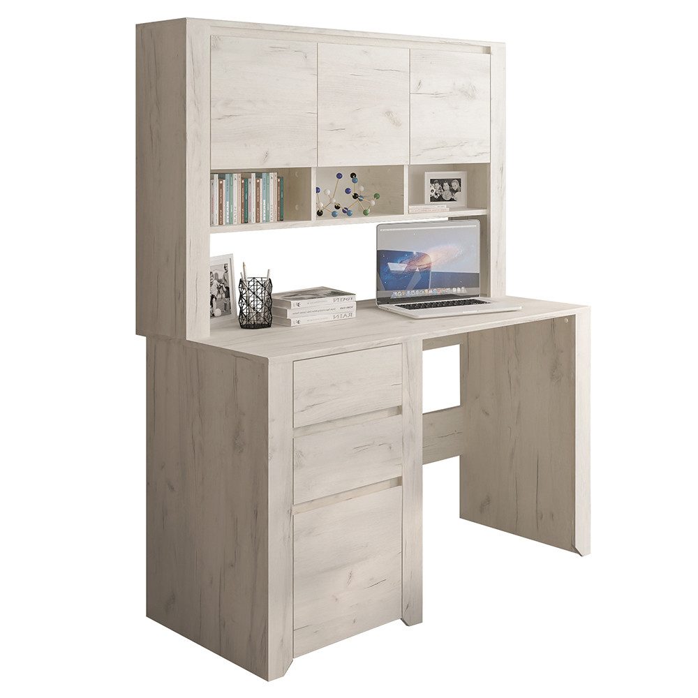 Lomadox Schreibtisch AMANTEA-129, mit Aufsatz, Craft Eiche weiß günstig online kaufen