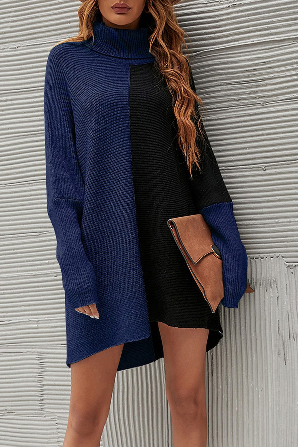 Longpullover Damen Pullover-Oberteil Longpullover Blockfarben Rollkragen Halblang