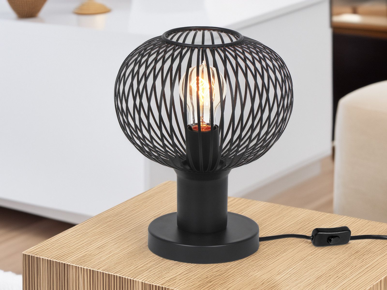 TRIO Leuchten LED Nachttischlampe, Dimmfunktion, LED wechselbar, Warmweiß, kleine Industrial Lampe für Fensterbank mit Gitter Kugel, Höhe 28cm