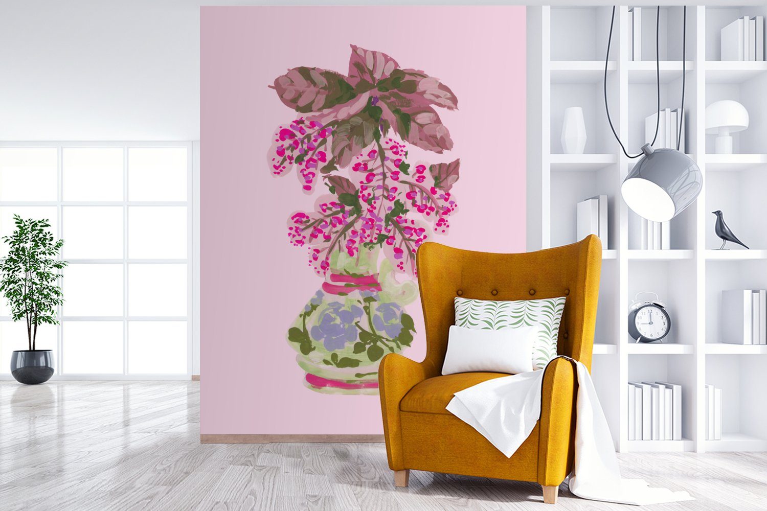 für Montagefertig Wohnzimmer, (4 - Wandtapete Pflanzen, Fototapete MuchoWow Vinyl Rosa - Matt, bedruckt, St), Blumen Tapete - Vase