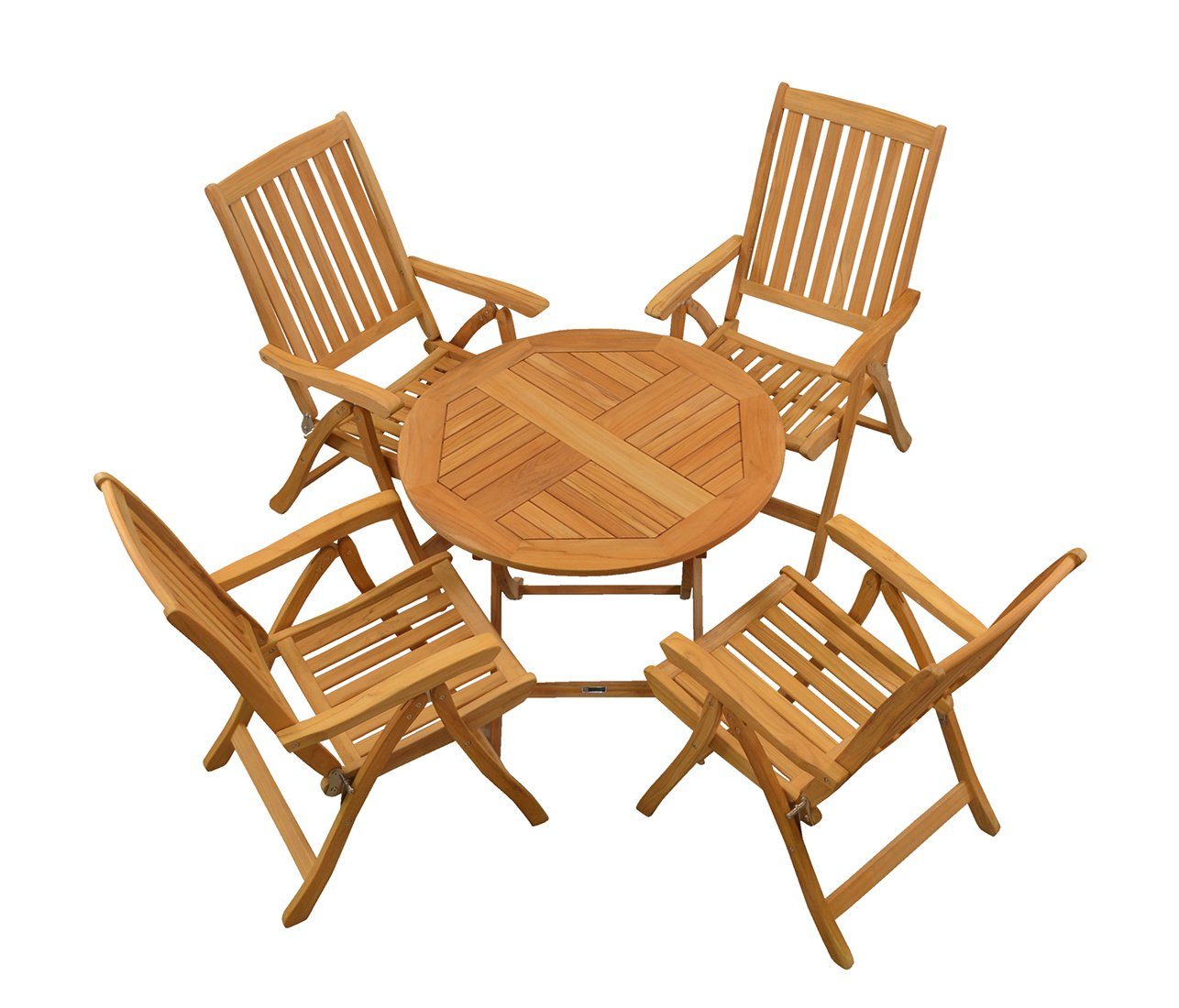 Kai Wiechmann Balkonset Exklusive Teak Sitzgruppe aus 4 Hochlehnern und 1 Klapptisch 90 cm, (5-tlg., 4 Hochlehner, 1 Klapptisch), edles Set aus Teak-Gartenmöbeln mit Klappfunktion