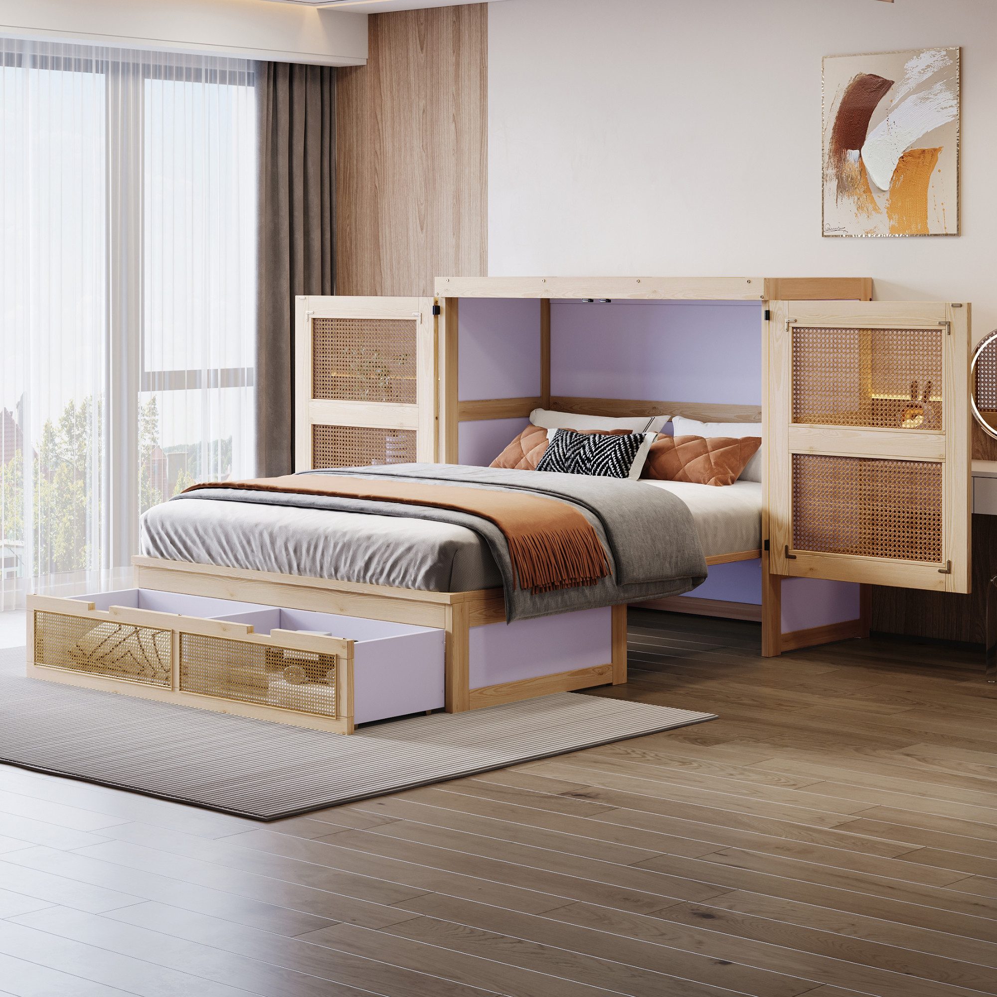 Merax Schrankbett (1-St) Holzbett Klappbett 140x200cm mit Schubladen Schranktüren Rattanfront