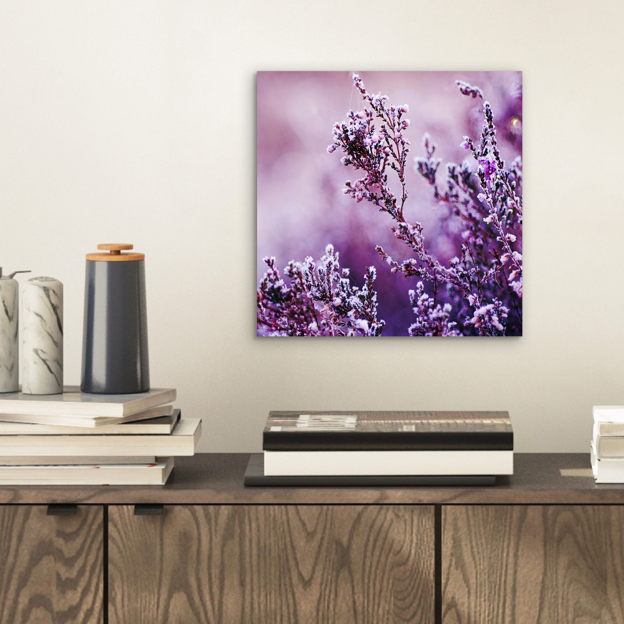 MuchoWow Metallbild Lavendel - Winter - Blumen - Lila, Inkl. Aufhängung, Alu-Dibond-Druck, Wandbild aus Metall, Aluminium deko, 20x20 cm