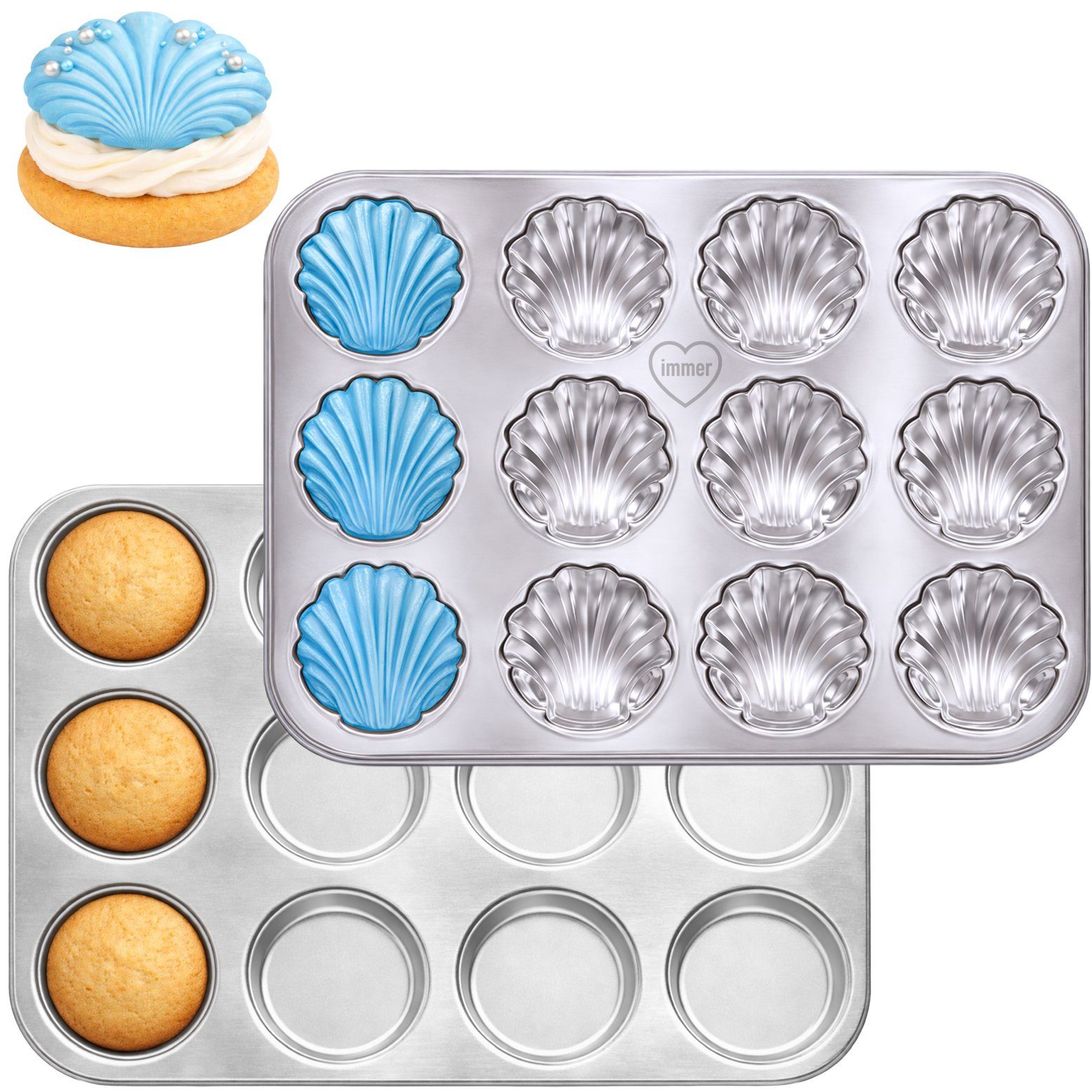immer Muffinform Edelstahl Backform Muffinblech 12 Whoopie-Pie & 12 Muschel-Mulden, (Muffinblech-Set 2-tlg)