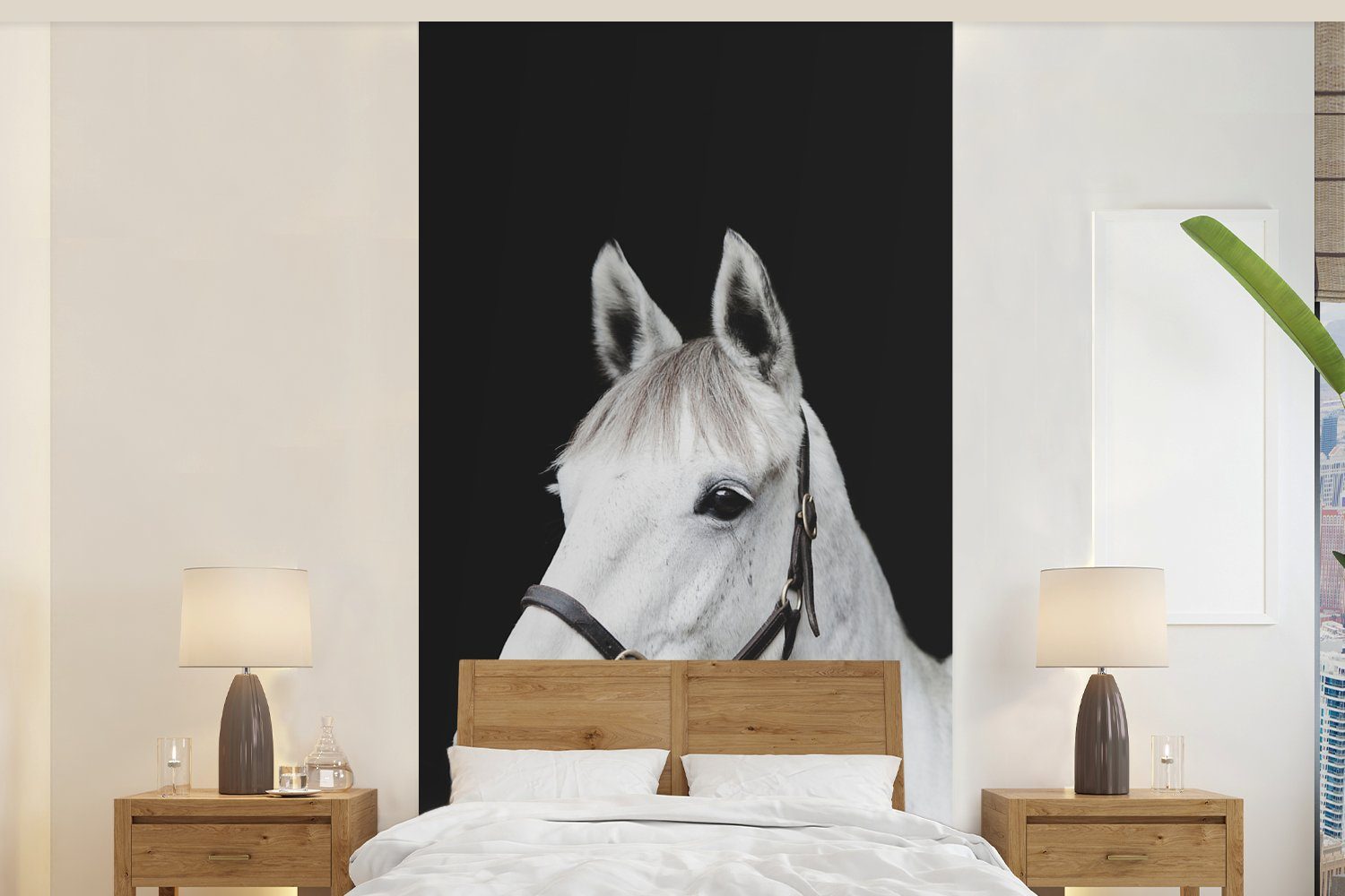MuchoWow Fototapete Pferd - Halfter - Weiß, Matt, bedruckt, (2 St), Vliestapete für Wohnzimmer Schlafzimmer Küche, Fototapete