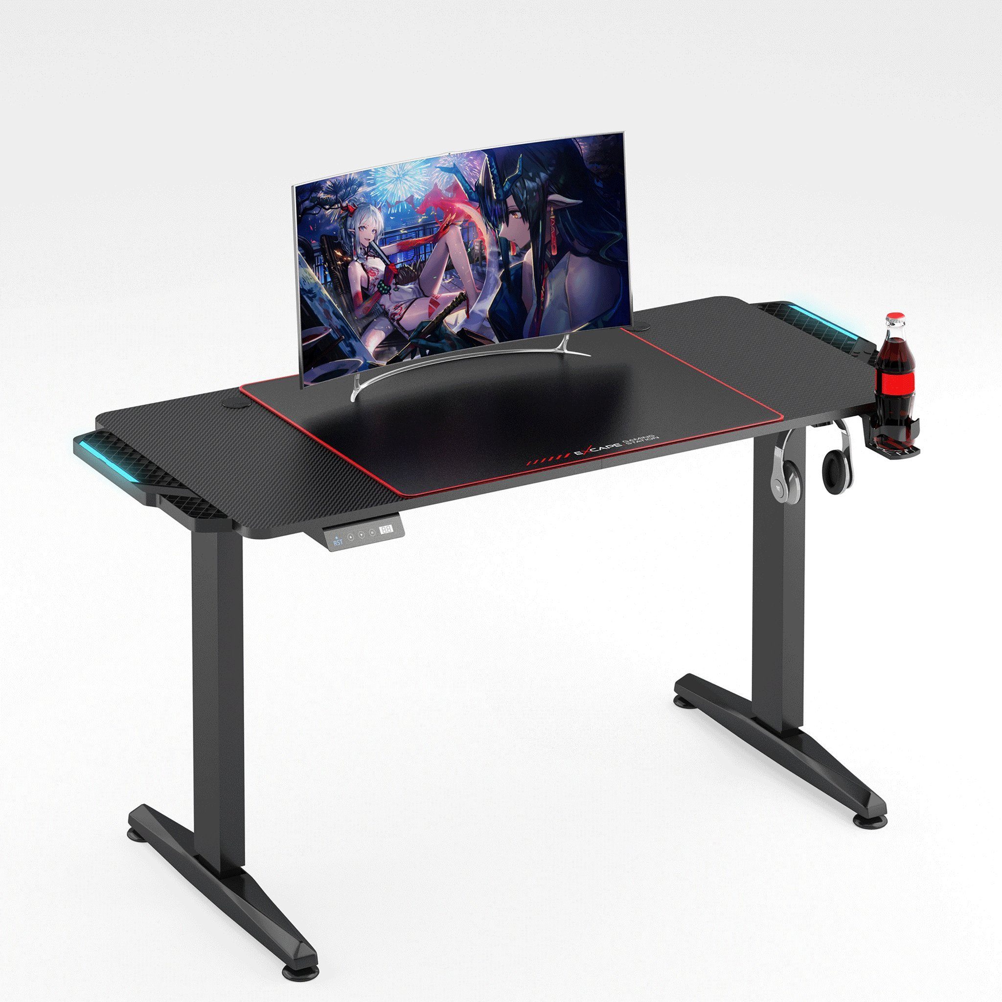 eXcape Schreibtisch »EXCAPE Gaming Tisch H14 elektrisch höhenverstellbar  mit LED Beleuchtung 140cm (16cm Extensions) x 60cm - Carbon-Optik,  Schreibtisch Gaming - inkl. Getränkehalter, Kopfhörerhalter,  Kabelmanagement-System - PC Tisch, Gamer Desk«