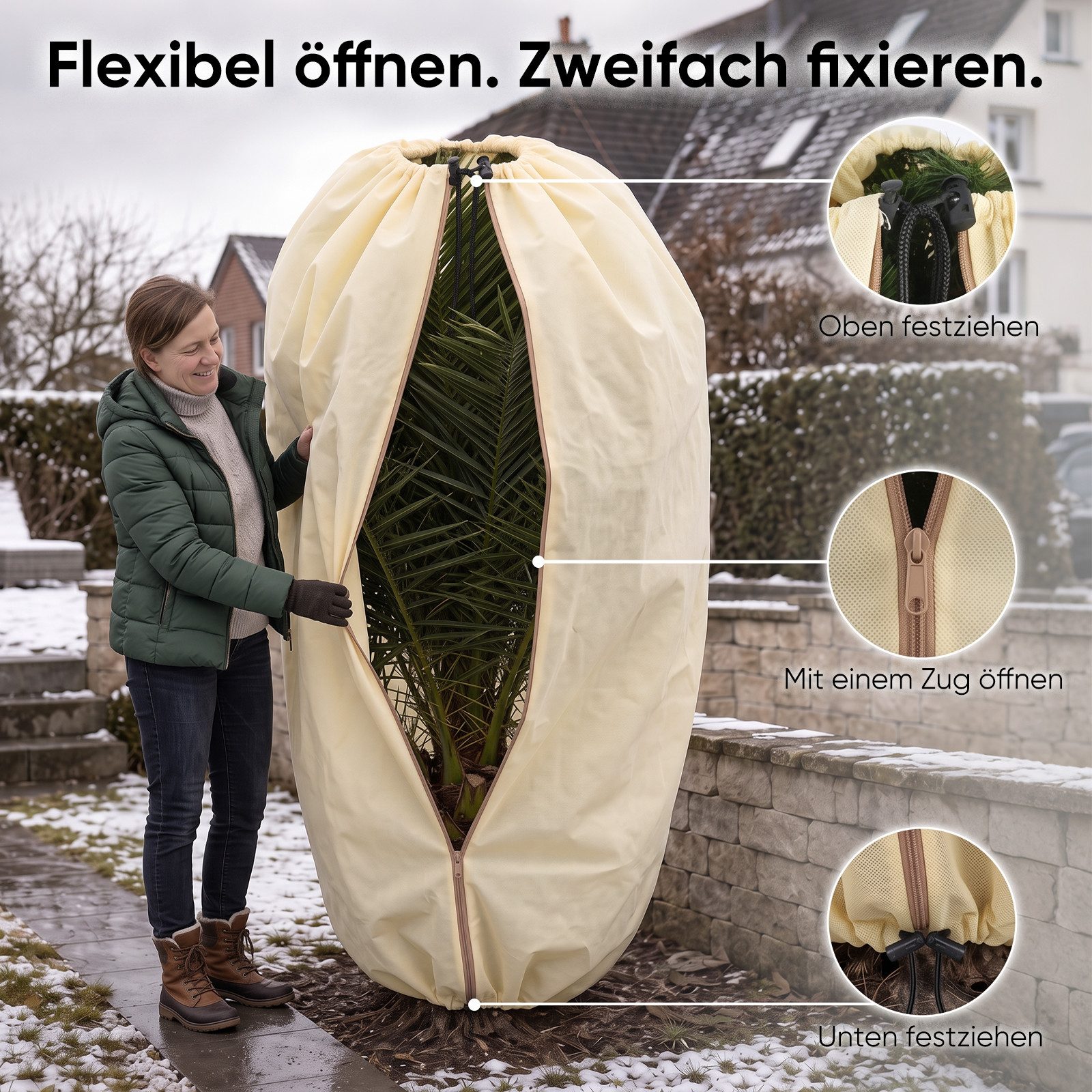 Sekey Winterschutzhaube Winterschutz für Pflanzen Frostschutz Haube mit 2 Zugbändern (2-St), Beige, 80x100cm Vlieshülle, Pflanzenabdeckung mit doppeltem Zugband – Bild 4 von 5