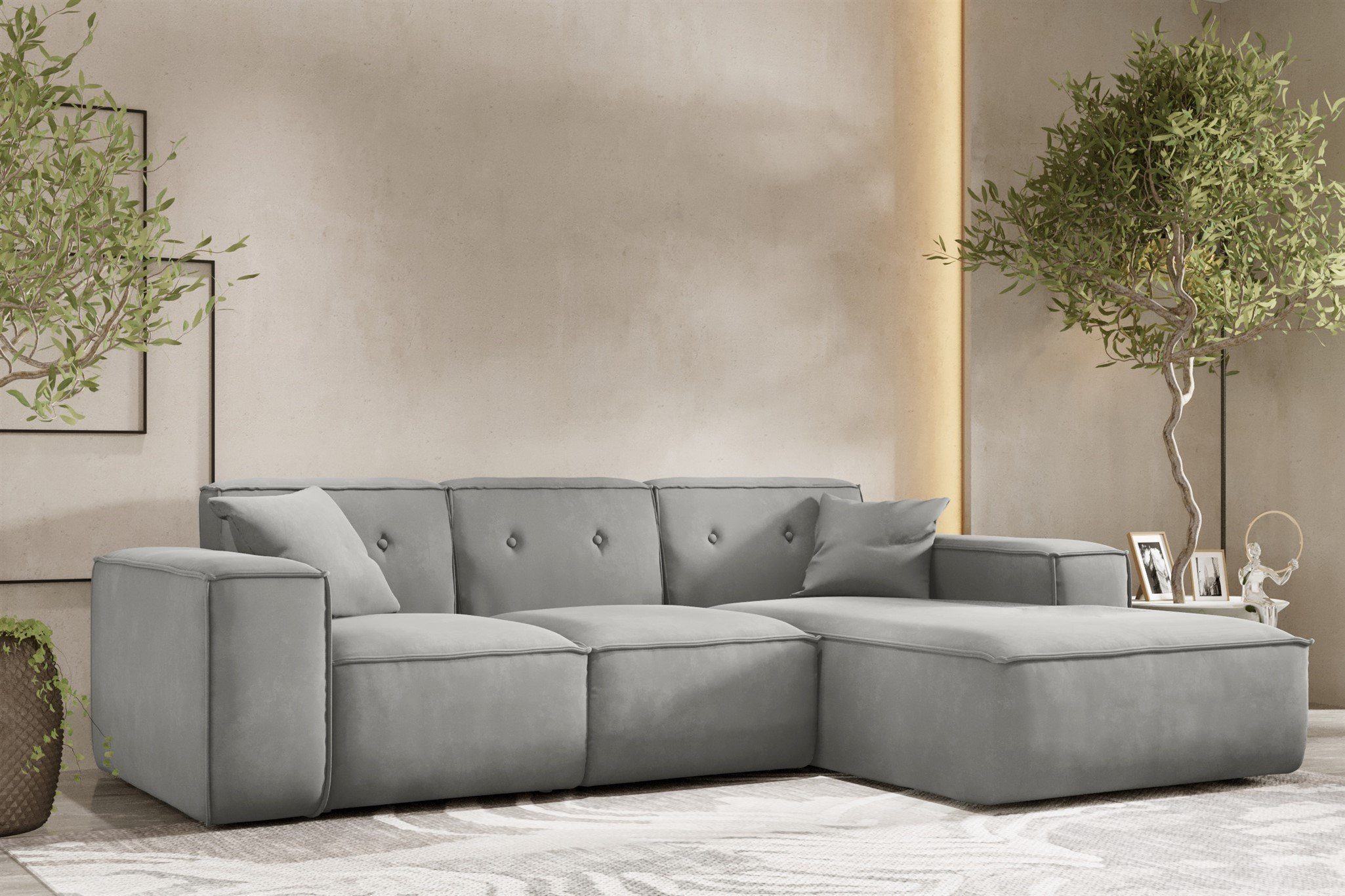 Fun Möbel Ecksofa Designersofa CESINA Ottomane Links oder Rechts Stoff, ink. 2 Zierkissen, Rundumbezug