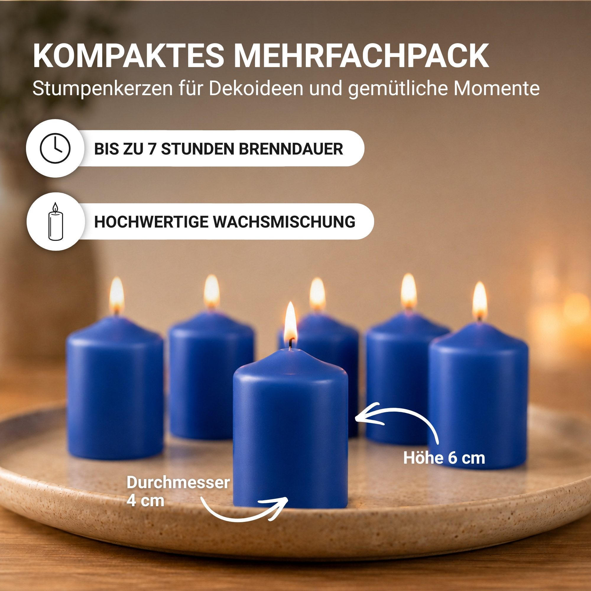 HS Candle Stumpenkerze kompakt und unparfümiert (6-tlg., Dekolicht), Ø4xH6 cm Teelichtgröße, bis zu 7h Brenndauer je Kerze, Wachsmischung