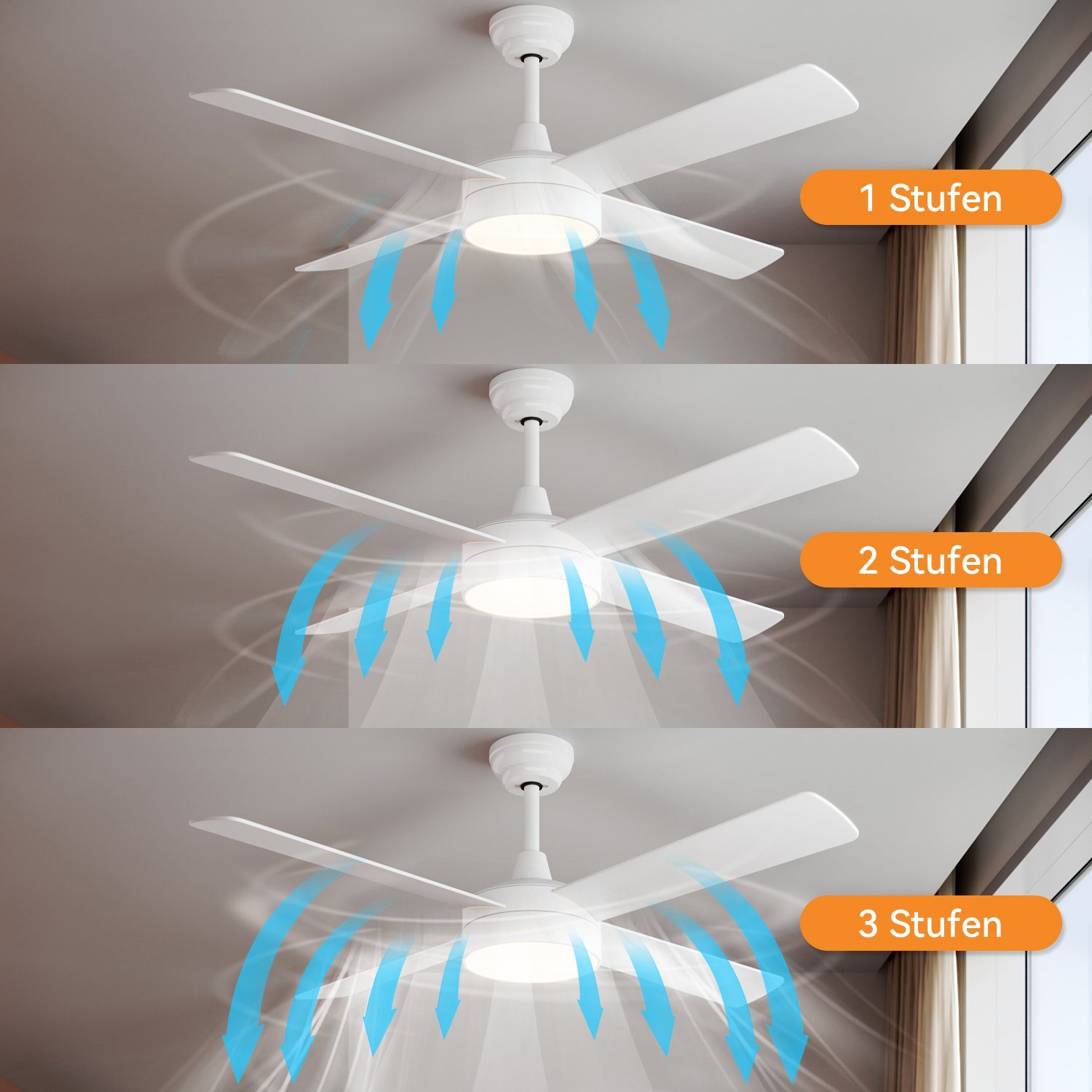 mit Licht mit Deckenventilator LED Beleuchtung, Flügel weiß 3 Ø132cm Leistungsstufen 4 Farbe SONNI 3 Fernbedienung