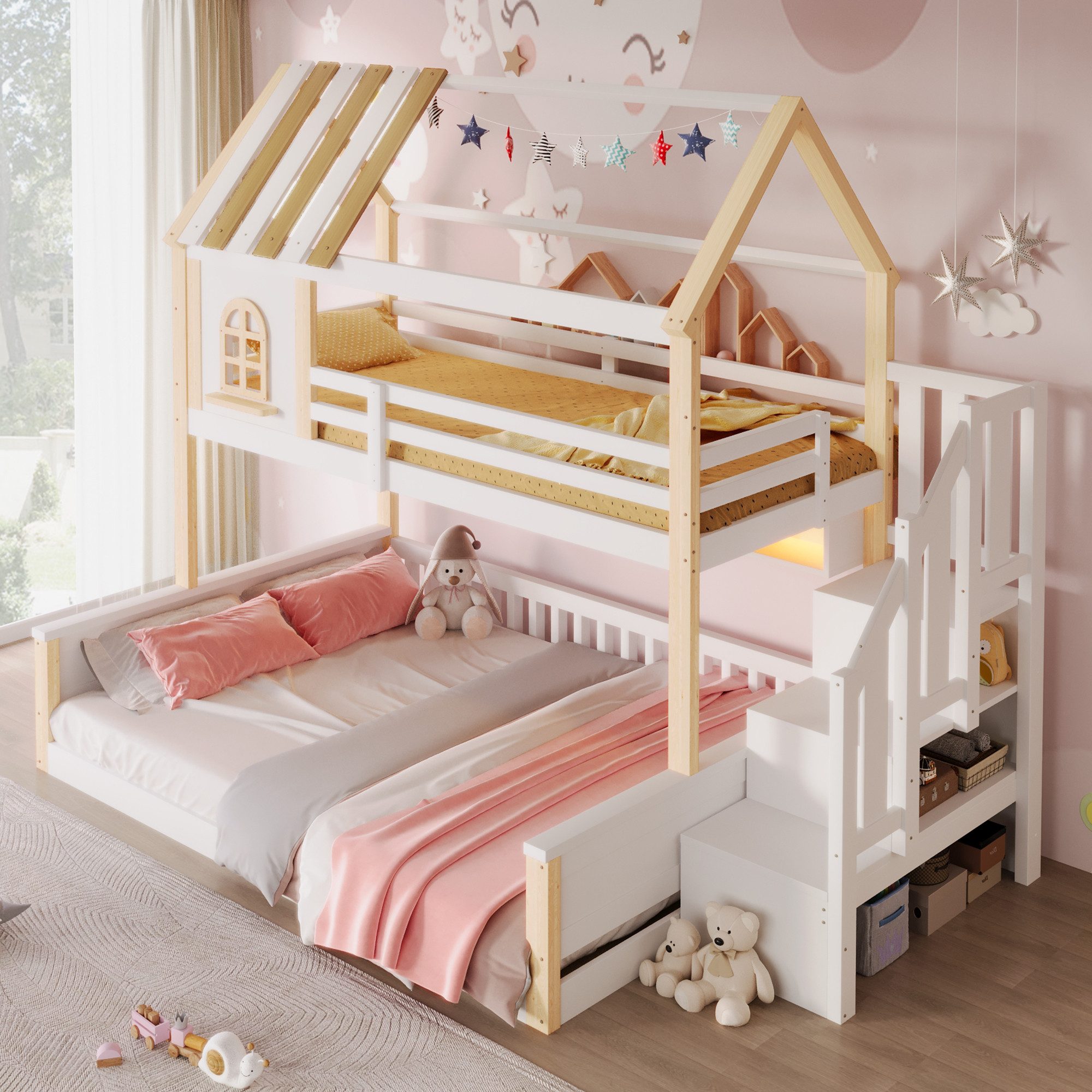 Merax Etagenbett 90x200cm/140x200cm mit LED-Beleuchtung, Stockbett im Hausdesign (Jugendbett Doppelbett, 1-St), Massivholz Kinderbett mit Stauraumtreppe, Regal, Staufächer & Stauraum