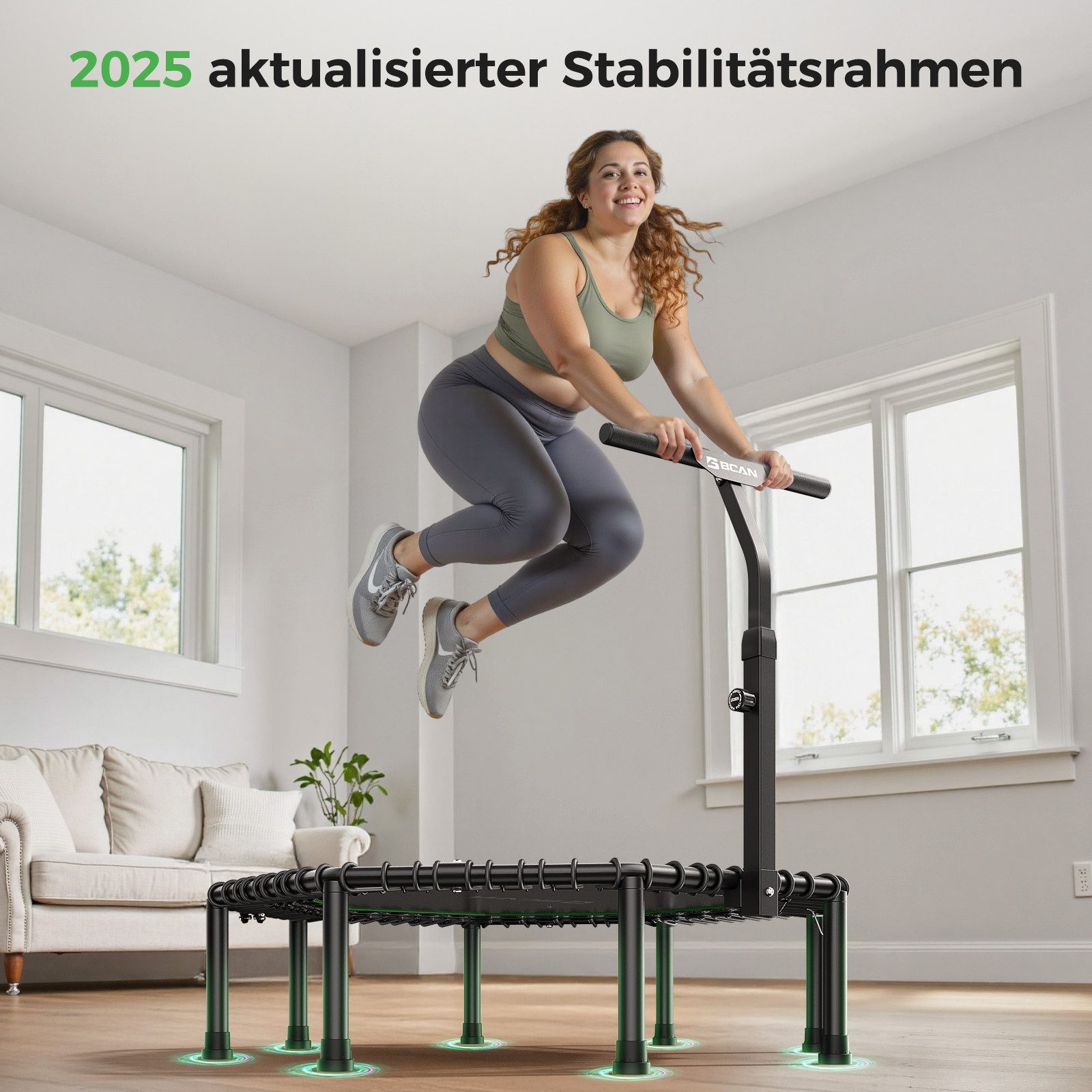 BCAN Fitnesstrampolin Trampolin Ø130cm, 250kg, T-Griff, 42 Seile, leise vibrationsarm, Ø 130 cm, (1 tlg)