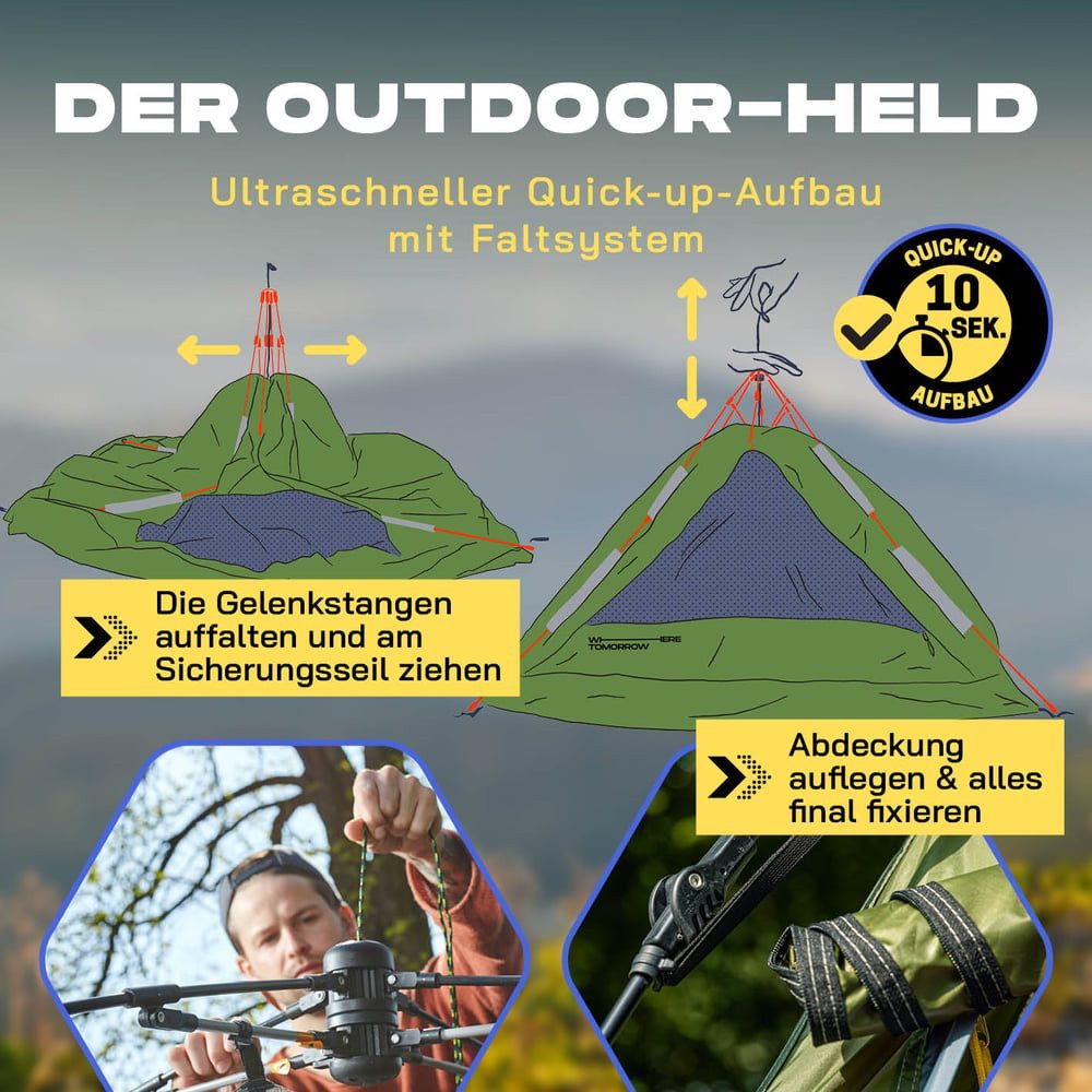 Lumaland Kuppelzelt Pop Up in 10 Sekunden aufgebaut, Wurfzelt Camping Festival 215x195x120cm robust wasserfest
