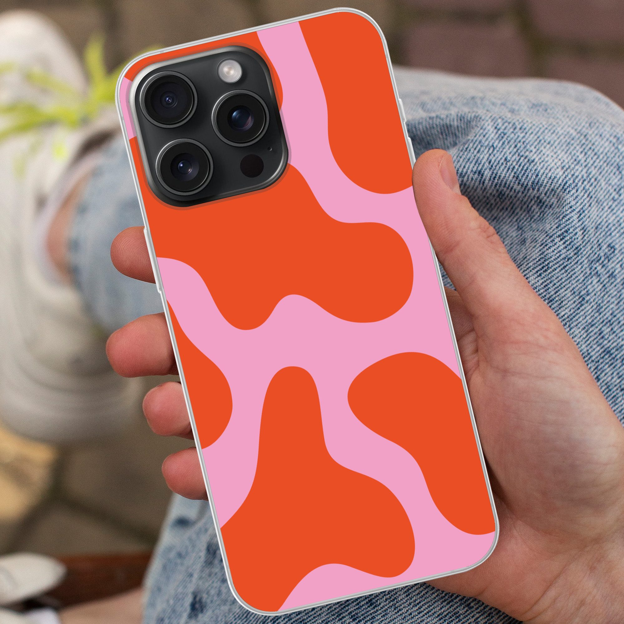 MuchoWow Handyhülle für Apple iPhone 15 Pro Max Flecken - Rot - Rosa - Muster - Minimalist, Smartphone-Bumper, Print, Handy Schutzhülle Dünn