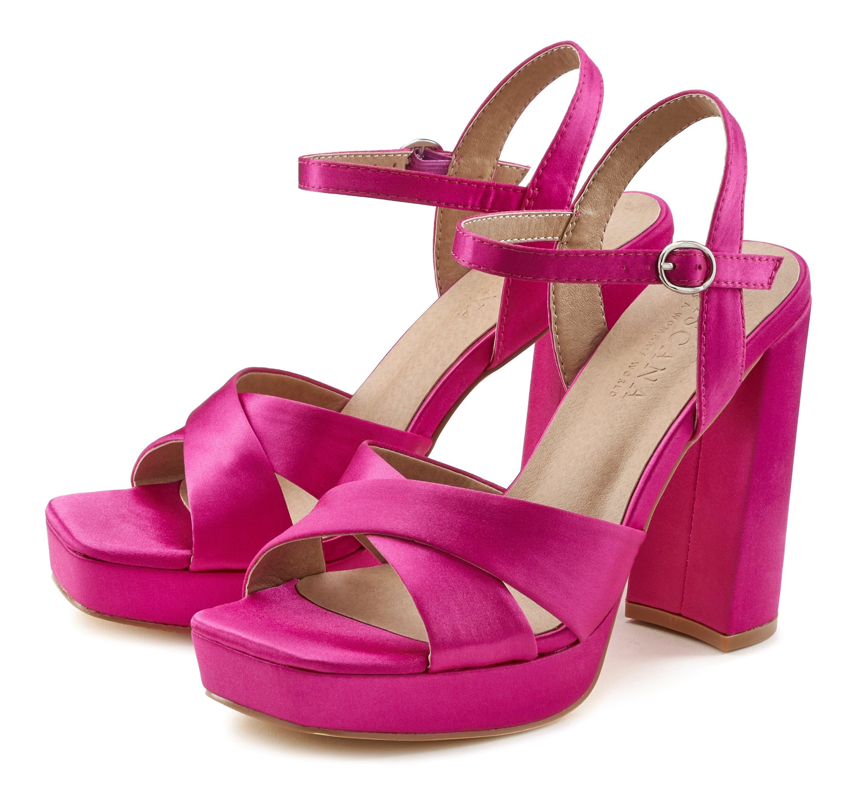 LASCANA Riemchensandalette High Heel Sandale mit Plateau & Blockabsatz in Satin Optik VEGAN pink