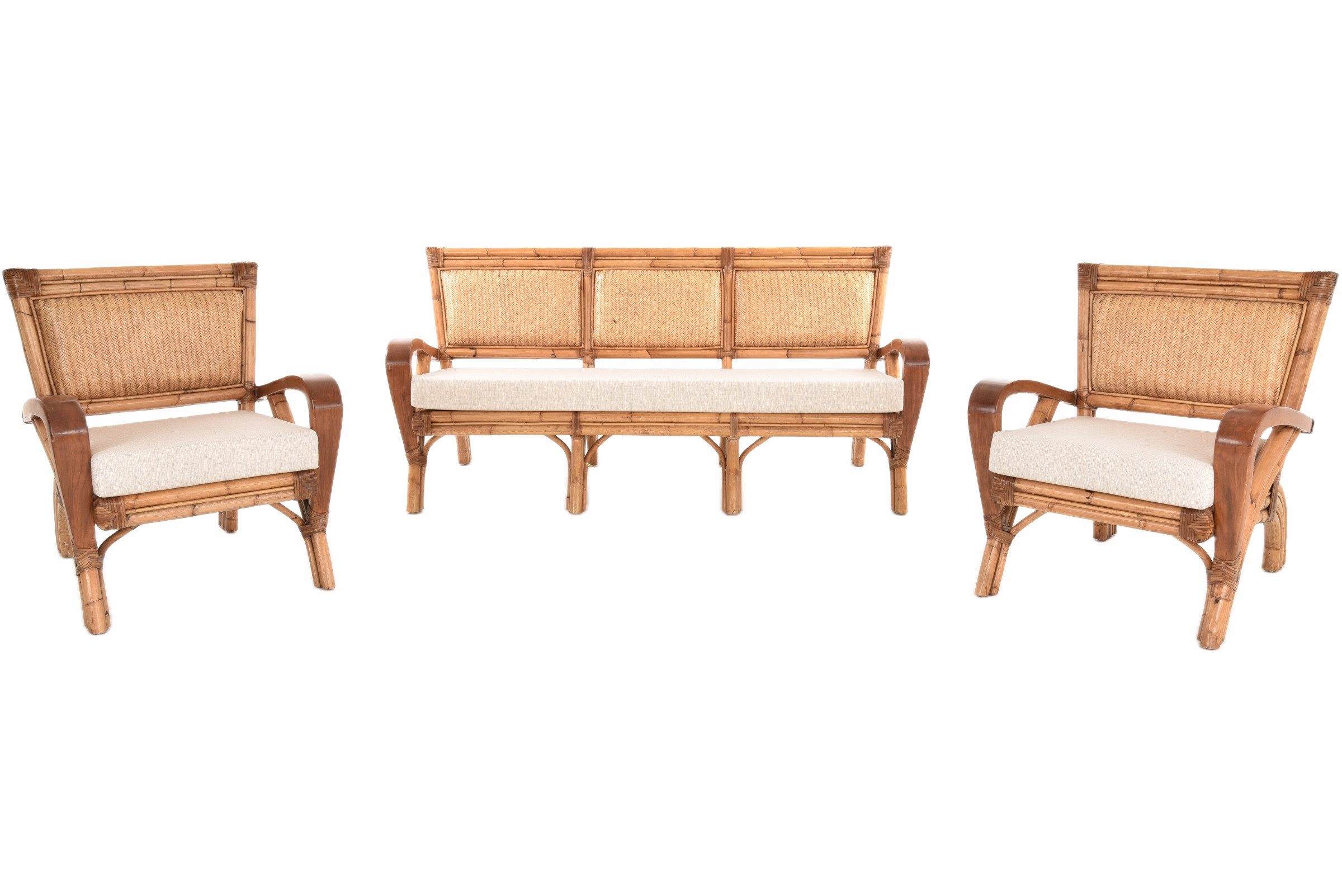 Krines Home Sitzgruppe Rattan Sitzgruppe Singapur 3-teilig für Wintergarten & Wohnzimmer, (3-tlg., 2x Sessel, 1x Dreisitzersofa), aus Rattan Naturmaterial, mit Armlehnen