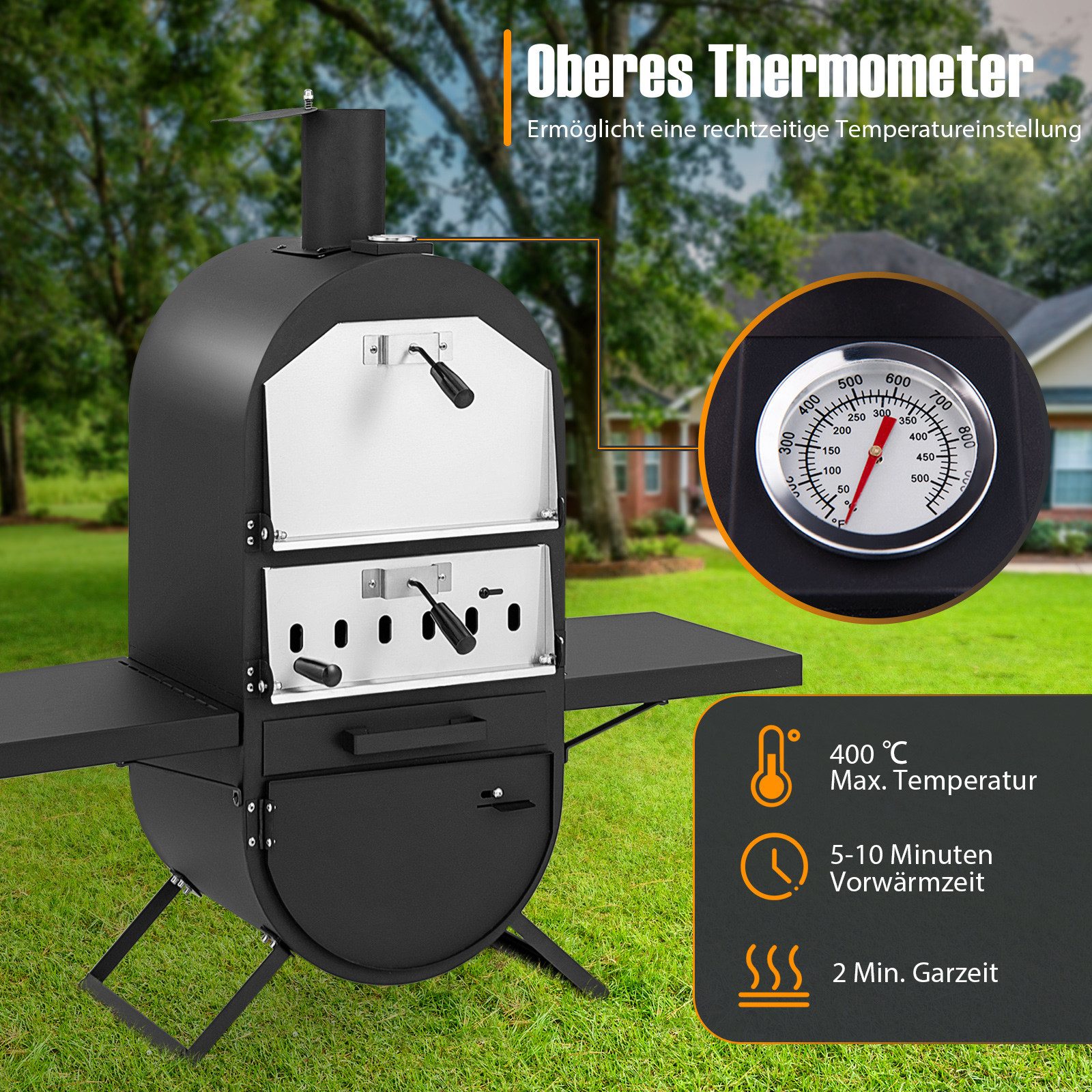 COSTWAY Pizzaofen, Outdoor Holzofen mit Grillrost, bis zu 400℃