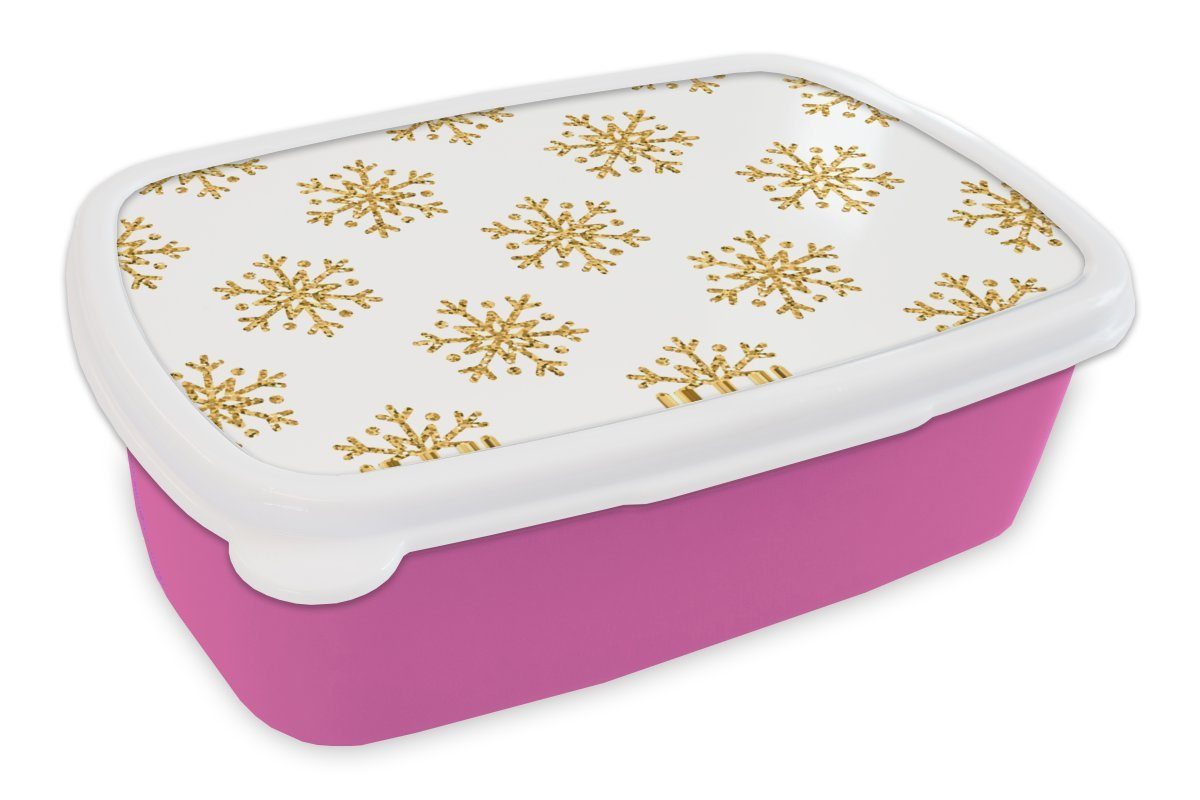 Erwachsene, Kunststoff, - Brotbox Gold rosa Kunststoff - - MuchoWow Snackbox, Brotdose Weihnachten (2-tlg), für Mädchen, Kinder, Lunchbox Design, - Schneeflocke Glitter