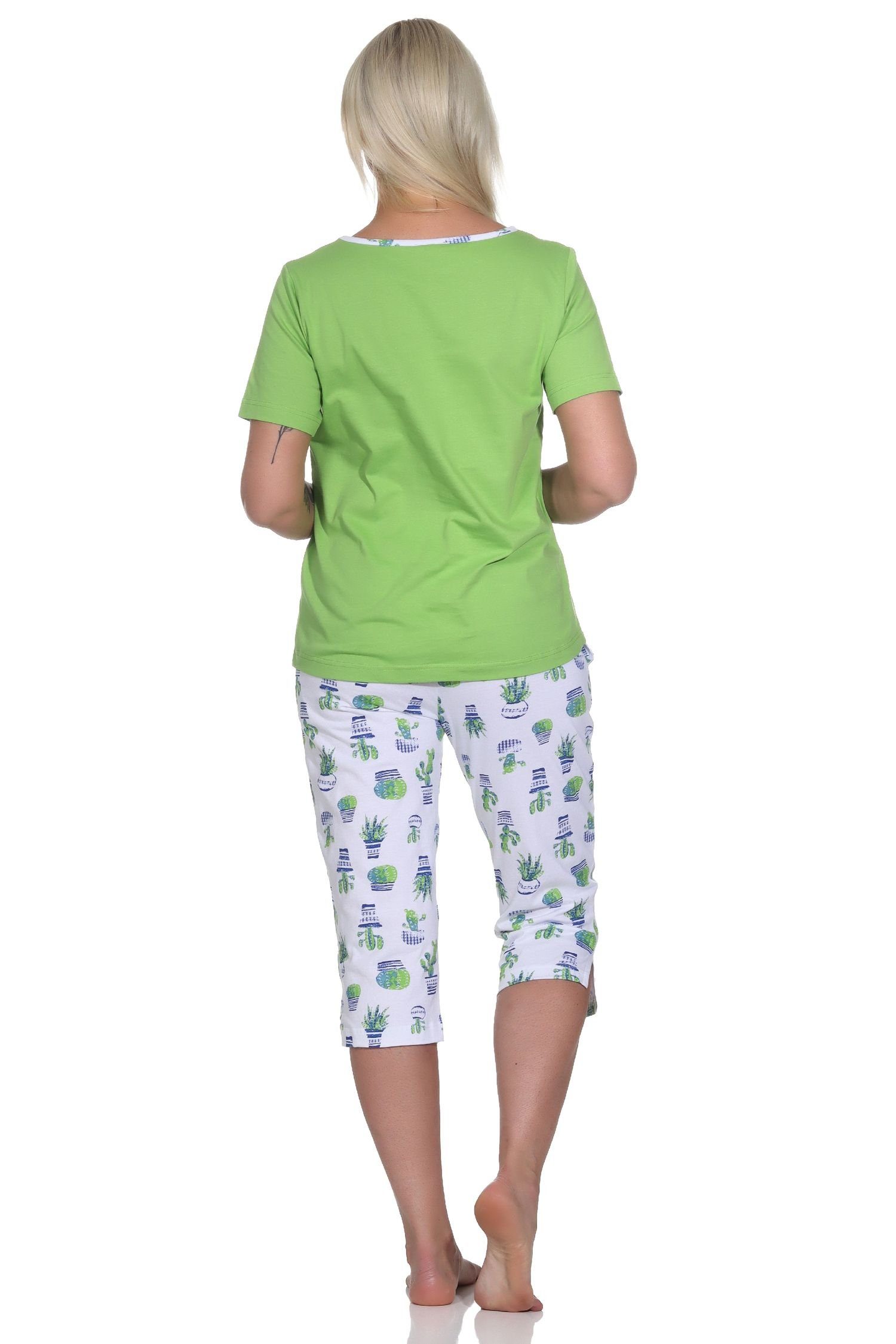 Normann Kurzarm mit als Motiv Damen Kaktus Pyjama Capri Schlafanzug grün