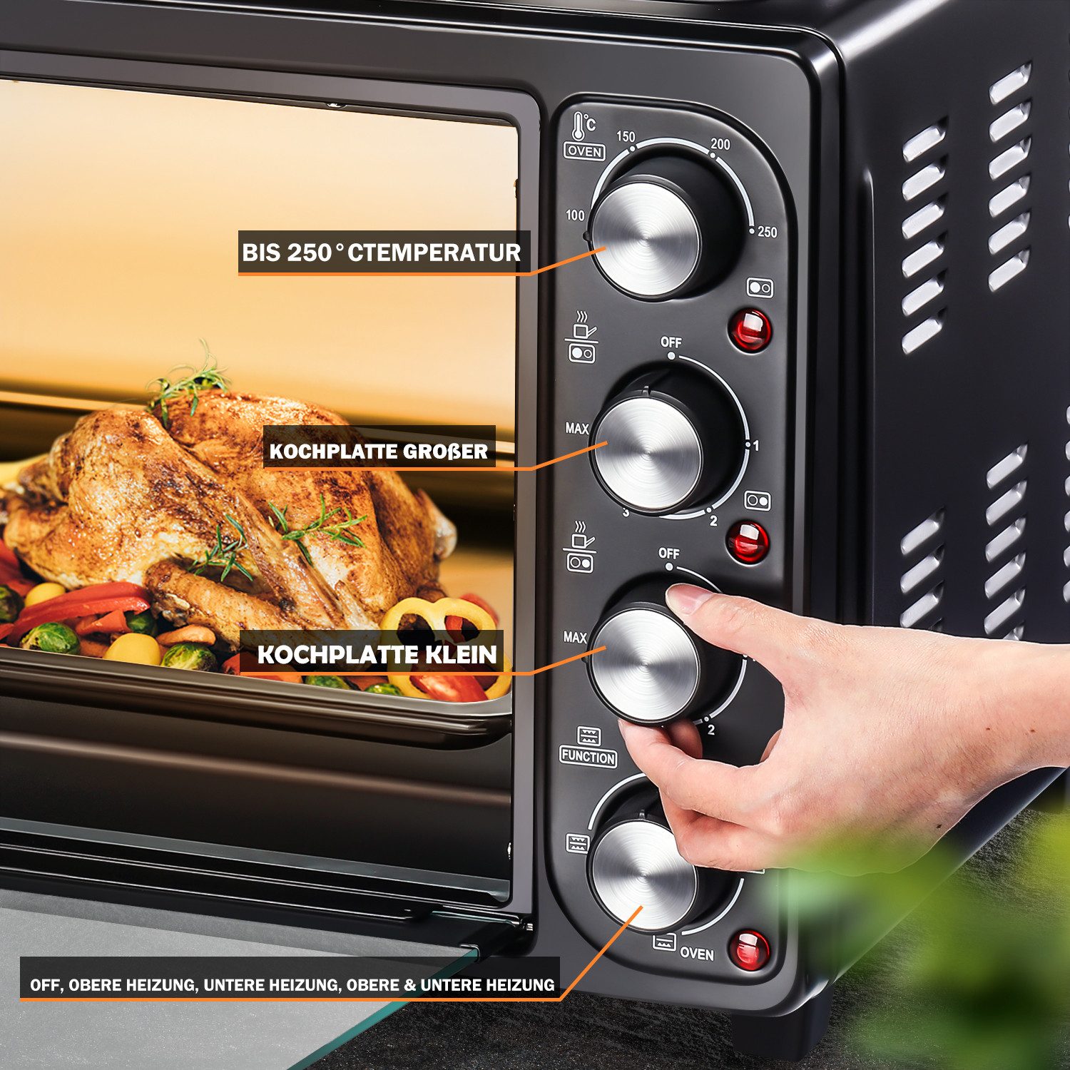 LETGOSPT Multiofen Mini-Backofen mit 2 Kochplatten 36L Kapazität, 3200W, Umluft, max 250°C, geeignet für Camping, Wohnheim & Kleinküchen