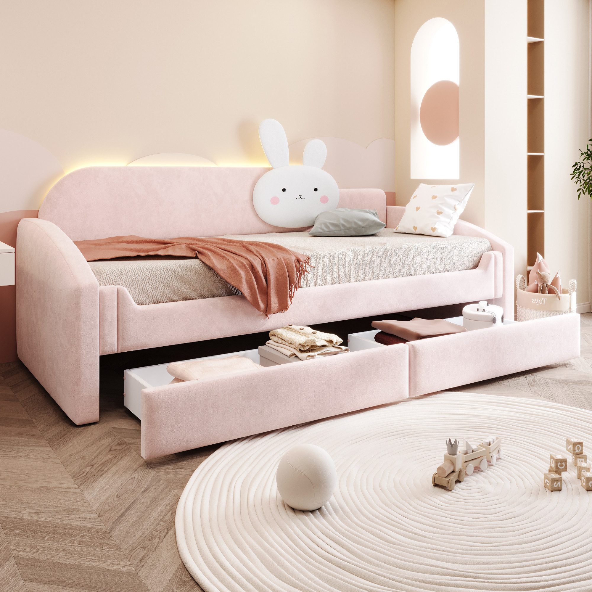 Flieks Daybett Rückenlehne mit Hasenkissen, Polsterbett Kinderbett 90x200cm mit 2 Schubladen und LED-Beleuchtung