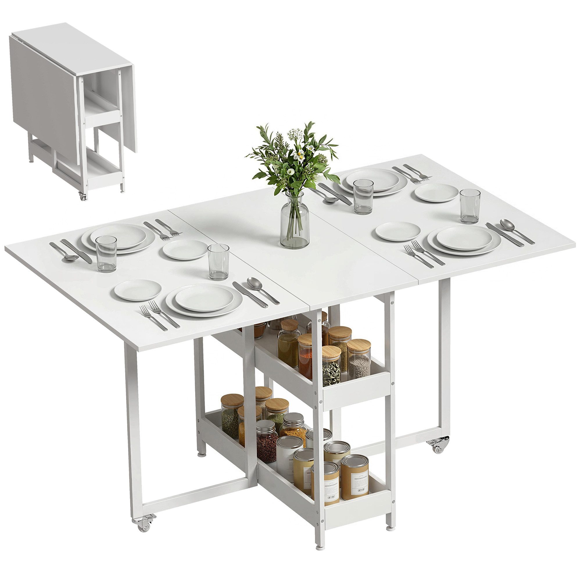 HOMCOM Klapptisch Esstisch Klappbar für 2-4 Personen mit 2 Offenen Ablagen (Küchentisch, 1-St., Mobiler Esszimmertisch), für Kleine Räume, Esszimmer, Küche 133,4 x 80 x 74 cm Weiß