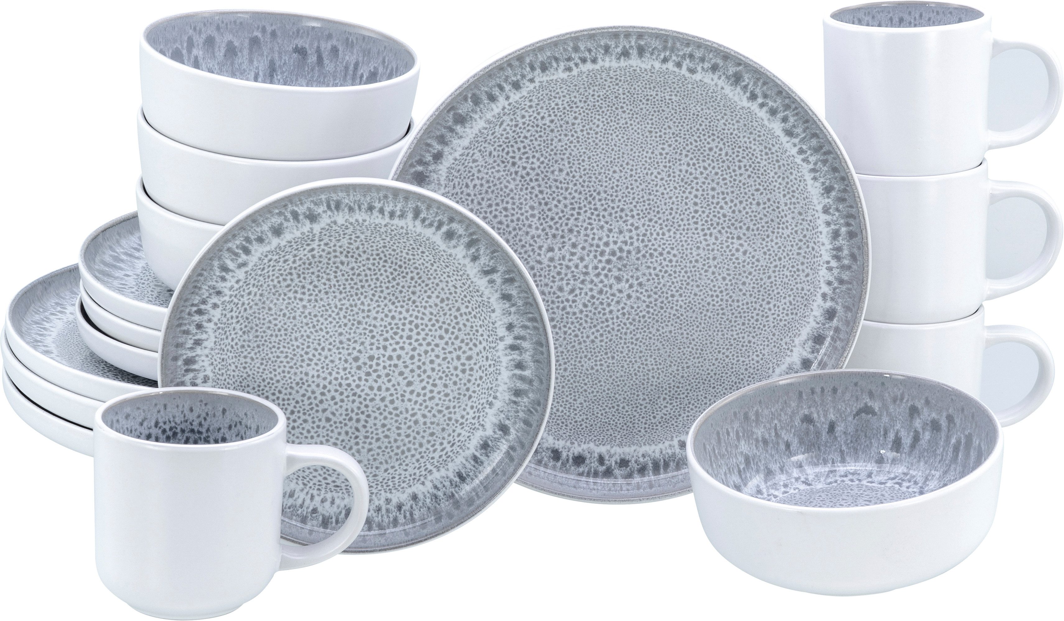 CreaTable Kombiservice Nordic Fjord, Service, 16-tlg. (16-tlg), 4 Personen, Steinzeug, Skandinavisches Design, Reativglasur