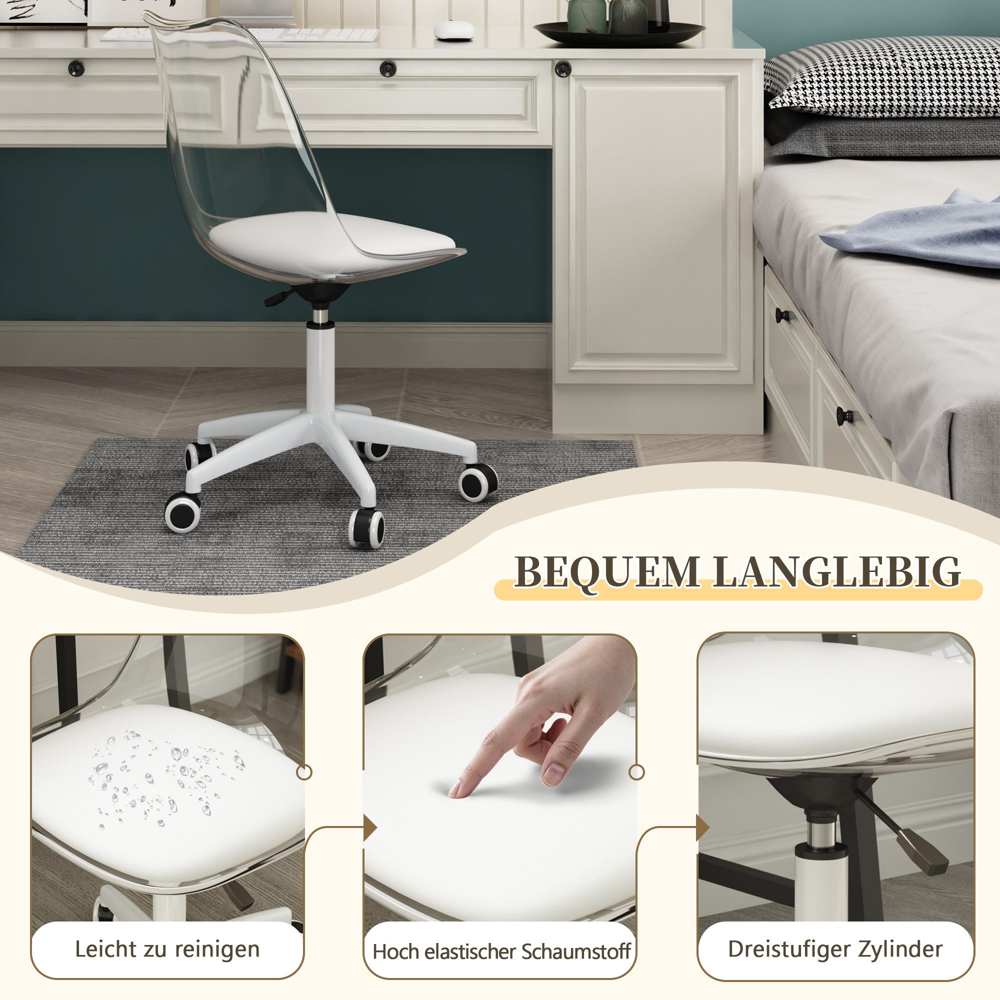 JUFU Drehstuhl mit transparenter Acryllehne, skandinavisches Minimal-Design (1 St), ergonomischer Bürostuhl mit PU-Polster, höhenverstellbar – Bild 5 von 5