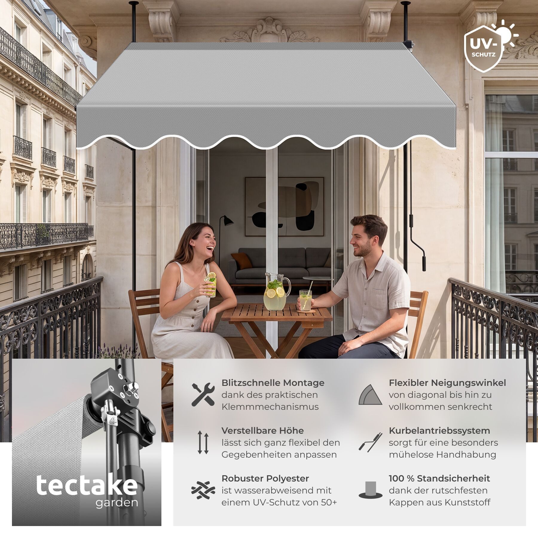 tectake Klemm-Senkrechtmarkise Klemmmarkise - Balkonmarkise mit Handkurbel, UV-beständig (Sichtschutz/Sonnenschutz für Terrasse und Garten, in hellgrau) 180 x 150 x 304 cm, höhenverstellbar 211 - 304 cm, wasserabweisend