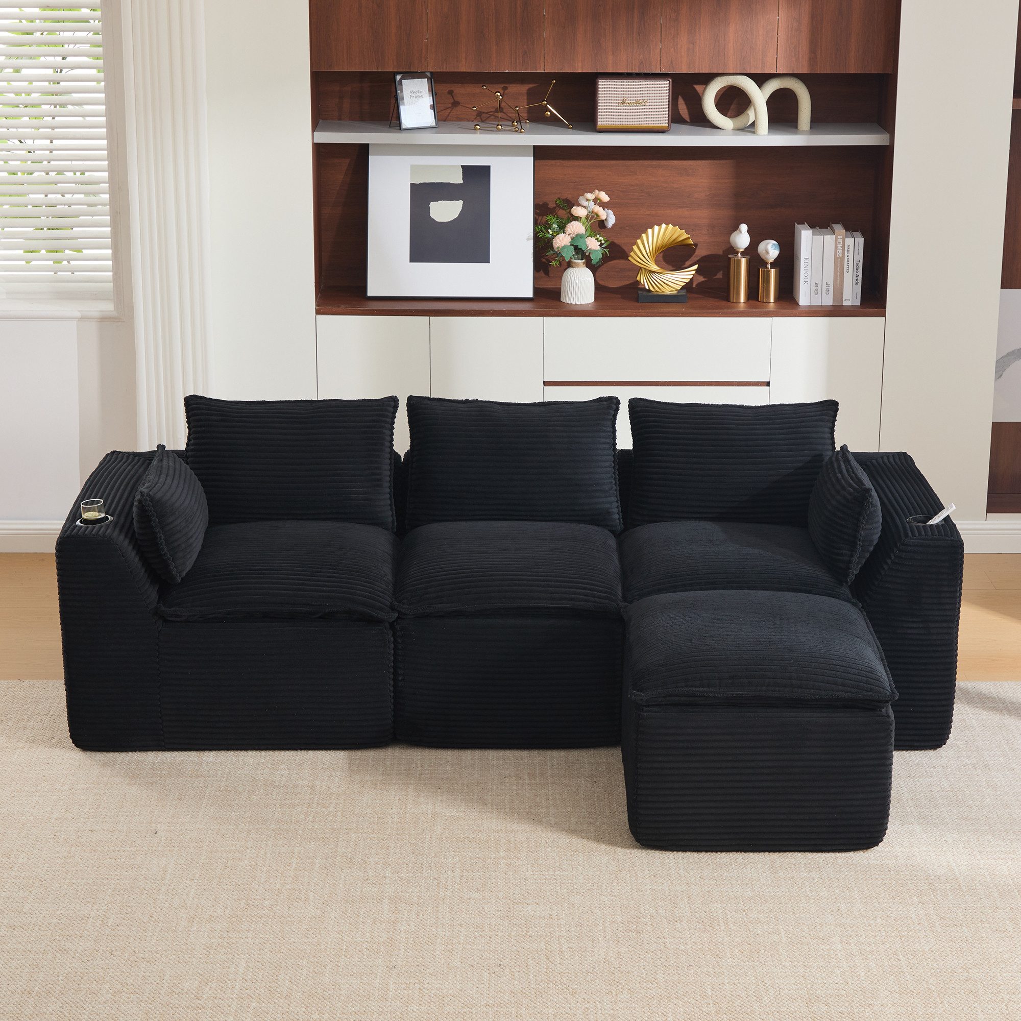 OKWISH Sofa 3-Sitzer Ecksofa Loungesofa, mit Fußhocker im beigen Cordstoff, inkl. Getränkehalter, Seitentaschen & Kissen, Schaumstoff-Federkern Komfort, Loungesofa