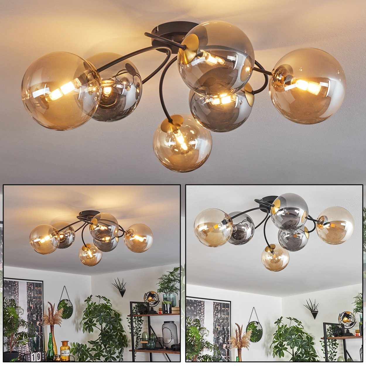 hofstein Deckenleuchte Deckenlampe aus Metall/Glas in Schwarz/Goldfarben/Rauchfarben, ohne Leuchtmittel, Leuchte im Retro-Design aus Glas, 6 x G9 LED, ohne Leuchtmittel