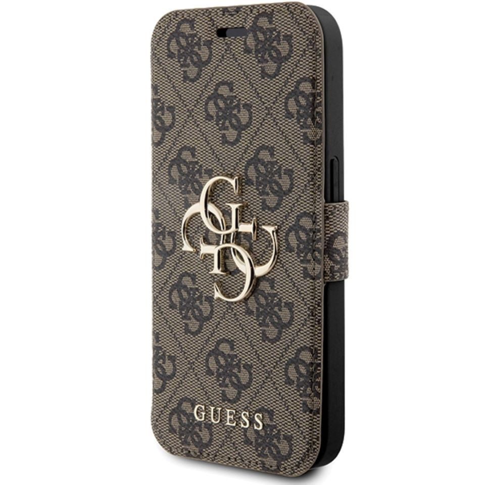 Guess Handyhülle Bookcase Cover iPhone 15 Pro Max braun Logo goldfarben 6,7 Zoll, Kantenschutz