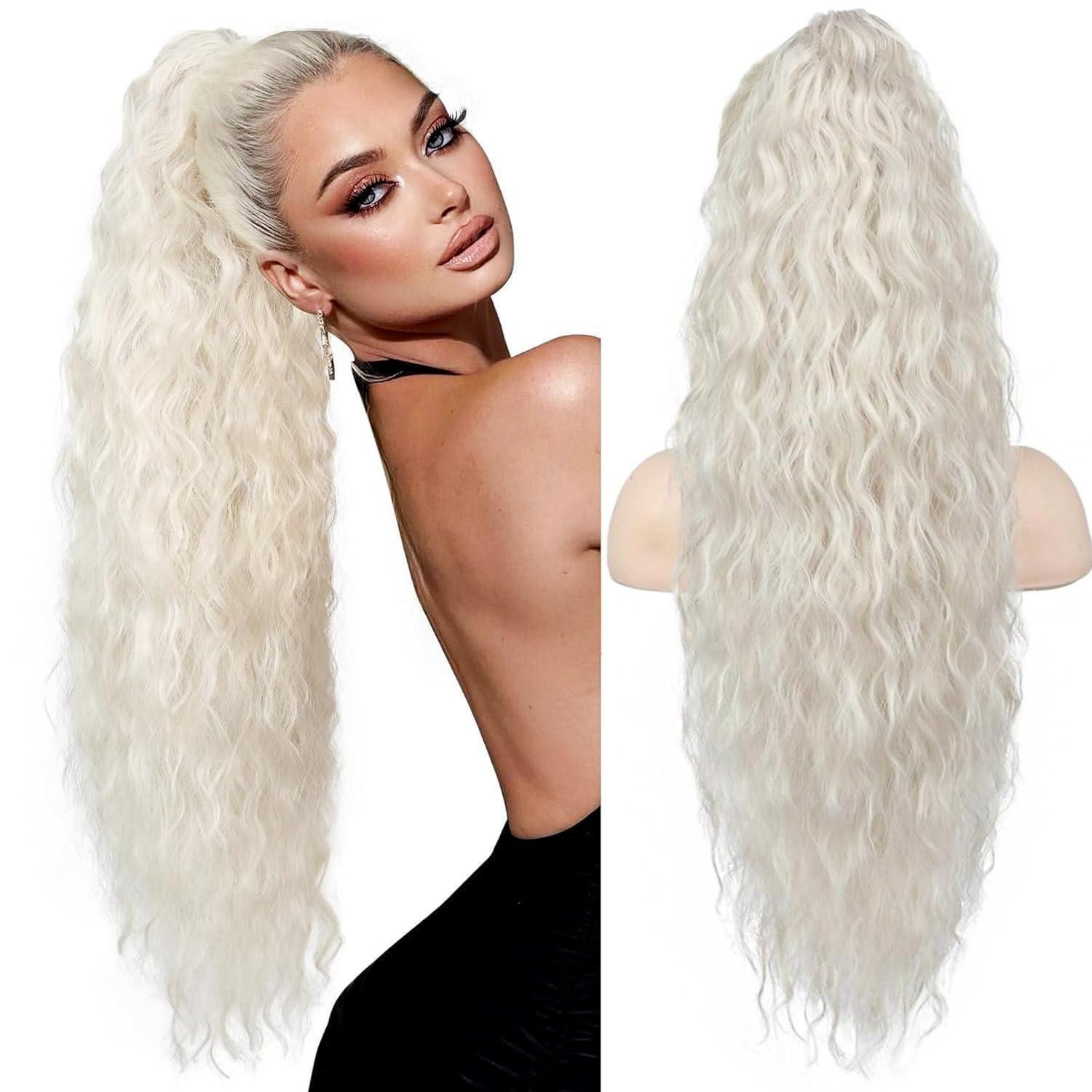 LuxusKollektion Kunsthaar-Extension Pferdeschwanz Haarteil Zopf Haarverlängerung Klammer 75cm Platinblond