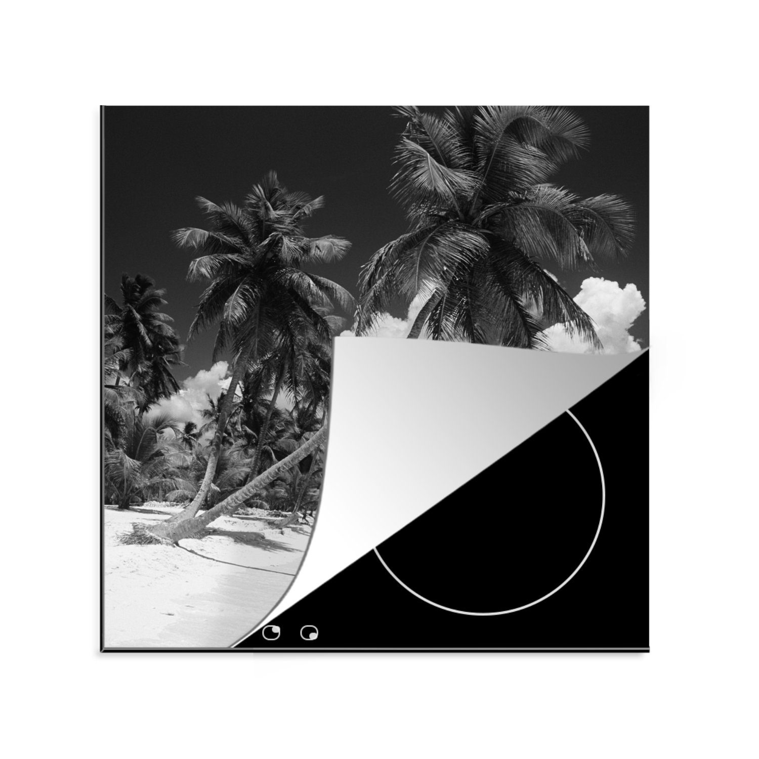 MuchoWow Herdblende-/Abdeckplatte Palmen am Strand in der Dominikanischen Republik schwarz und weiß, Vinyl, (1 tlg), 78x78 cm, Ceranfeldabdeckung, Arbeitsplatte für küche