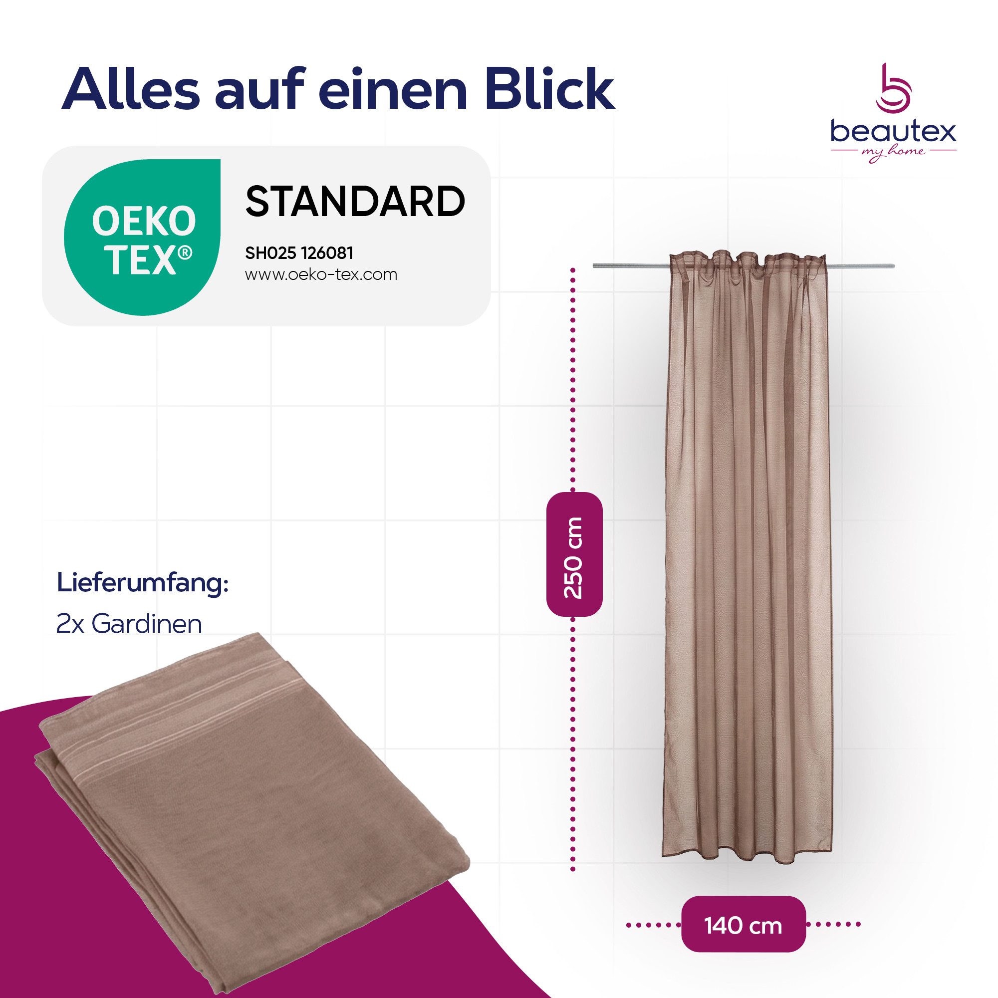 Beautex Gardine transparent Dolly, wählbar mit Kräusel- und Ösen- Aufhängung (2 St), Kräuselband, transparent