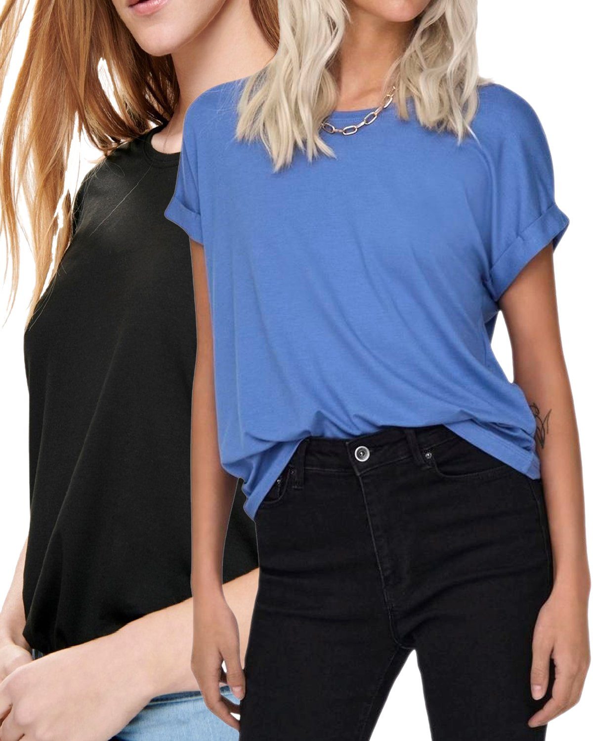 ONLY T-Shirt Stilvolles Basic Shirt mit Rundhalsausschnitt (2er-Pack) unifarbenes Oberteil aus Baumwollmischung, Größe XL