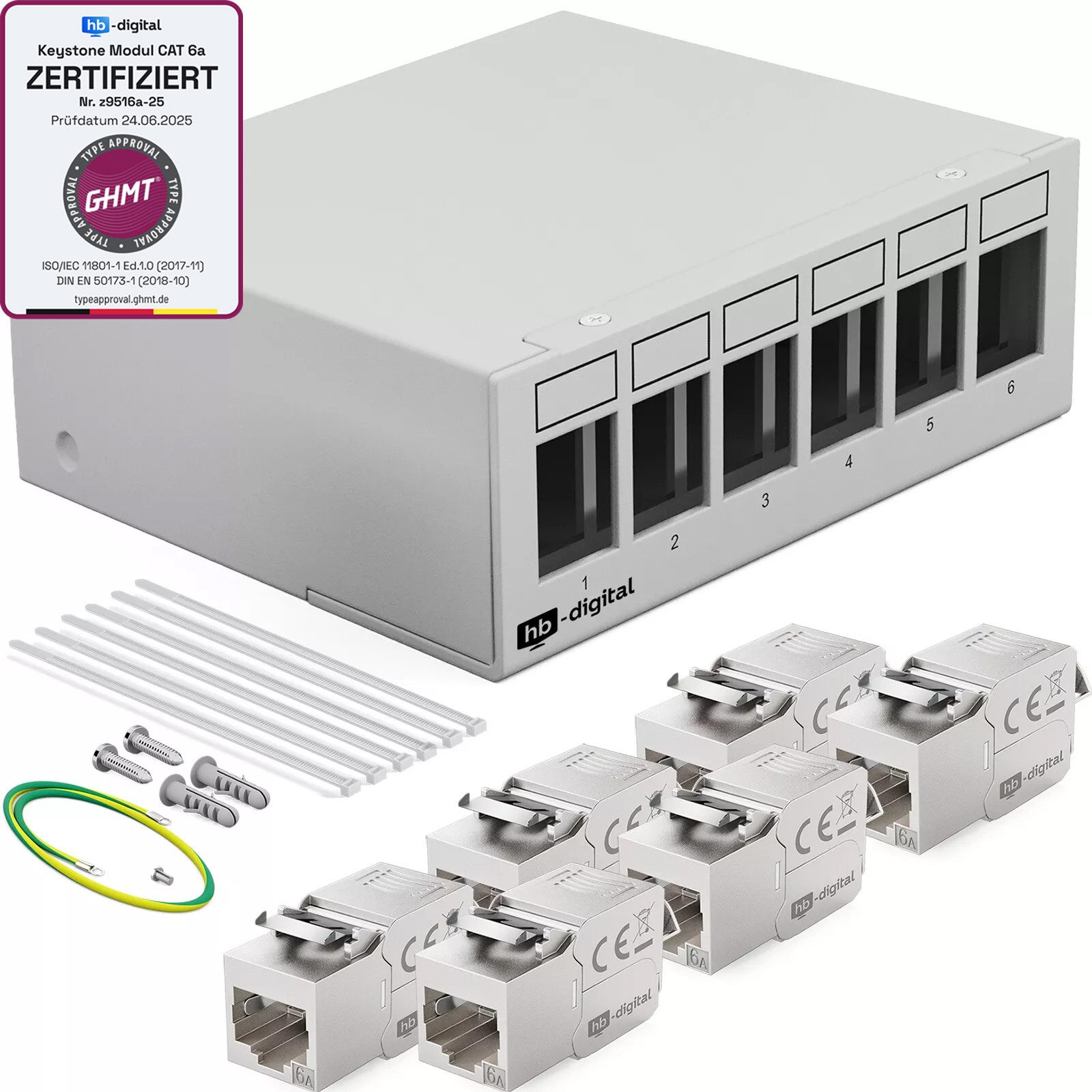 HB-DIGITAL Patchpanel 6 Port mit 6x Keystone Cat 6a GHMT Netzwerk Patchbox grau Netzwerk-Panel (6 Port CAT 6a, 1 HE, mit Cat 6a Keystone Modul RJ45)