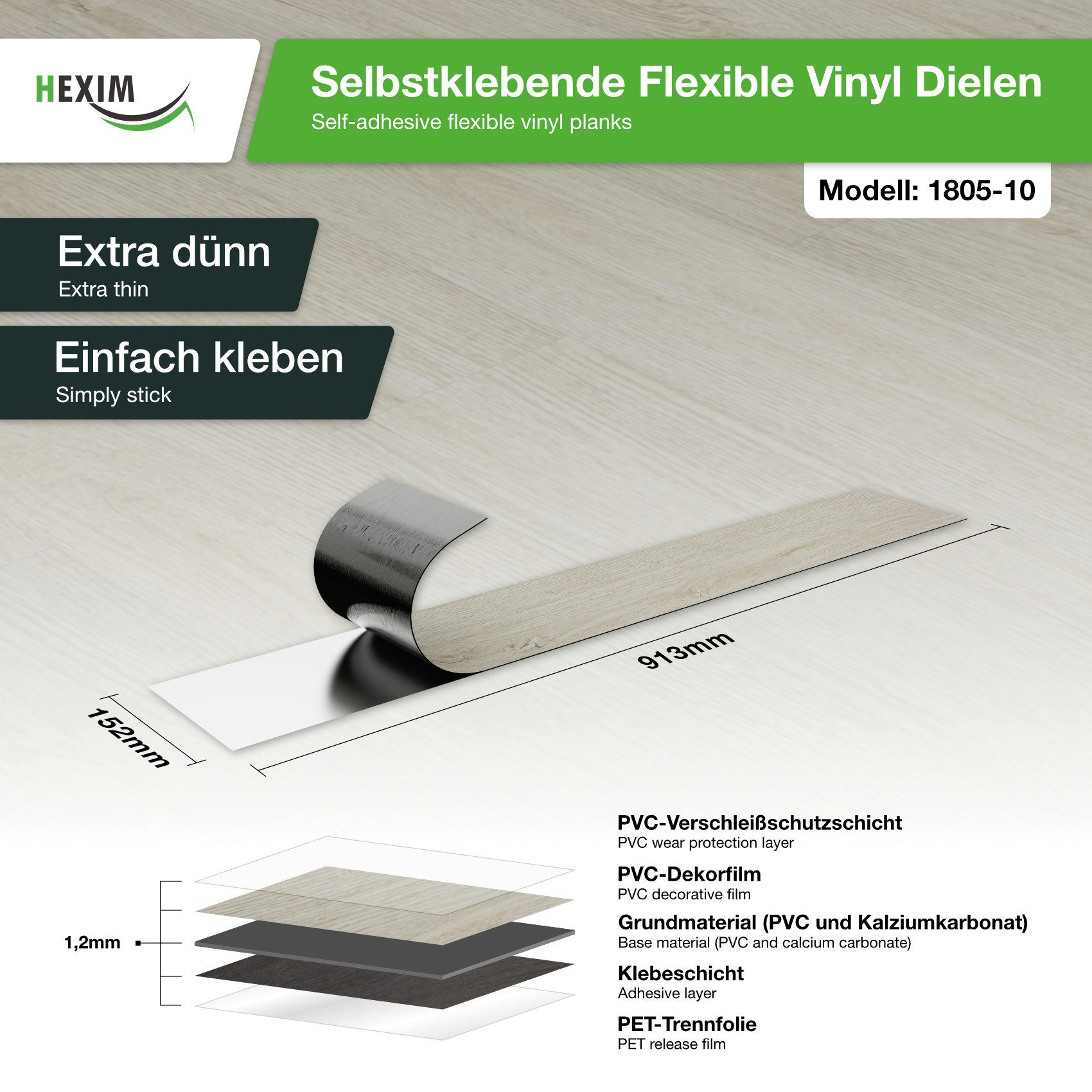 Hexim Vinylboden, Vinyldielen 0,97m² selbstklebend PVC Wandverkleidung Bodenbelag Holzoptik 91x15cm Paneele für Wand & Boden Holzdielen hellbraun (7 Dielen Antique Oak - 1805-10)