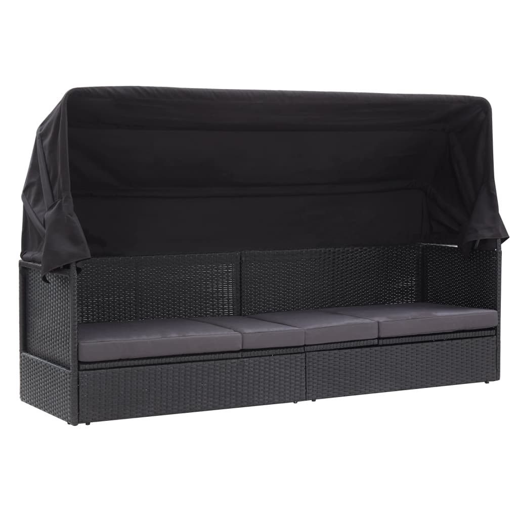 furnicato Gartensofa Lounge-Bank mit Dach 205 x 62 x 124 cm Schwarz, 1 Teile, Sonnengeschützte Sonnenliege mit abnehmbarem Kissen für den Garten