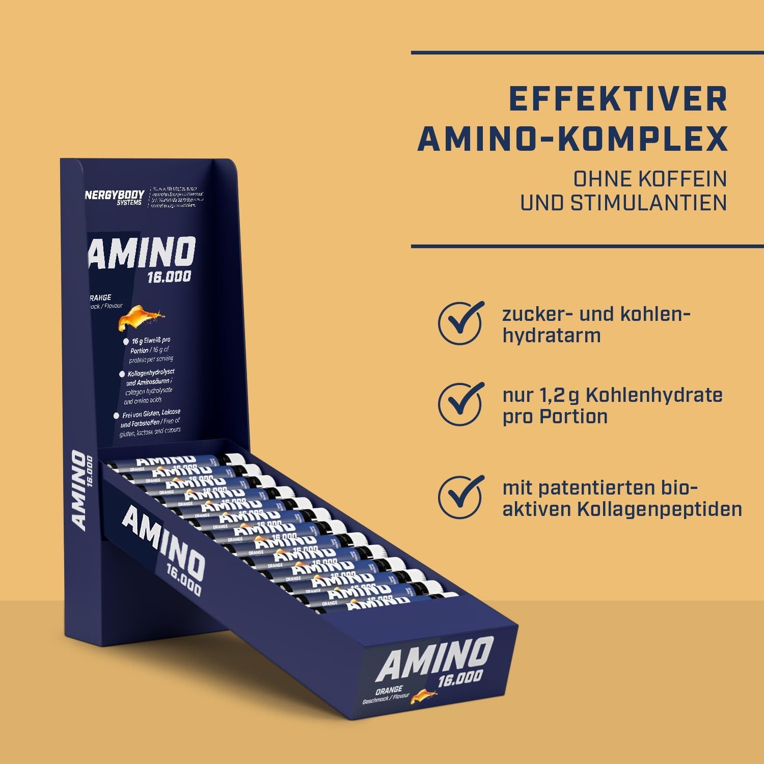 Energybody Systems Amino Liquid 16.000, Aminosäuren Komplex hochdosiert flüssig Ampulle, Set à 20 St., Laktosefrei. Glutenfrei.
