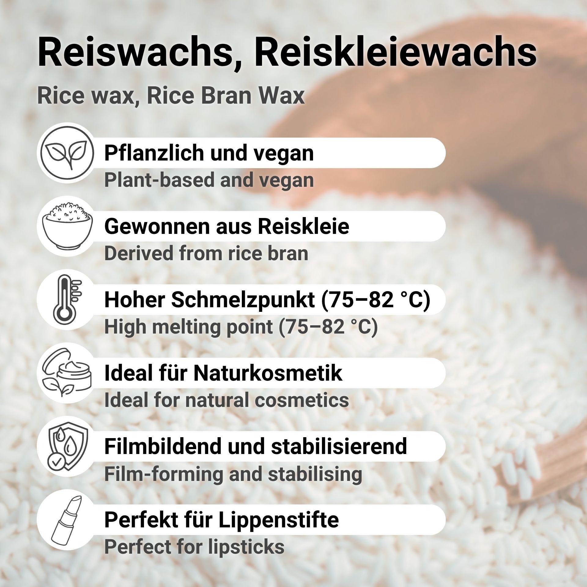DistrEbution Kosmetik-Set Reiswachs (Reiskleiewachs) – Veganes Wachs für Naturkosmetik & DIY, Kosmetikrohstoff als Bienenwachs-Alternative für feste Pflege