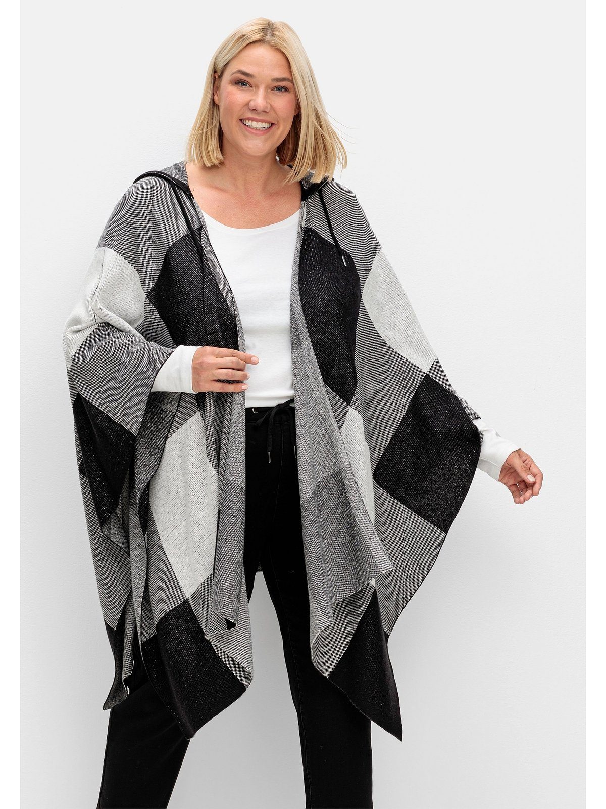 Große Form Sheego Strickcape Größen offene mit Kapuze,