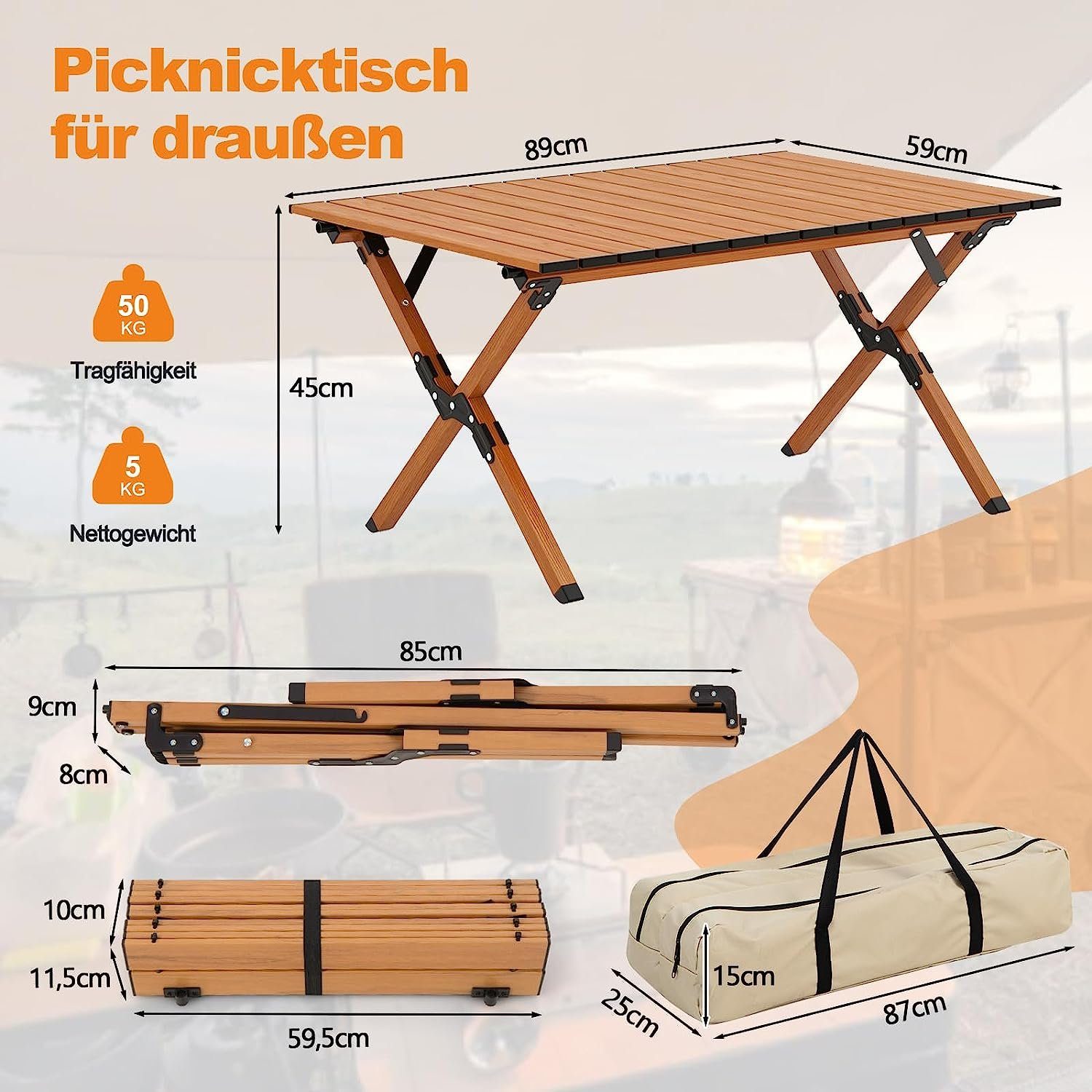 KOMFOTTEU Campingtisch Picknicktisch, klappbarer, 89 × cm 59 45 x