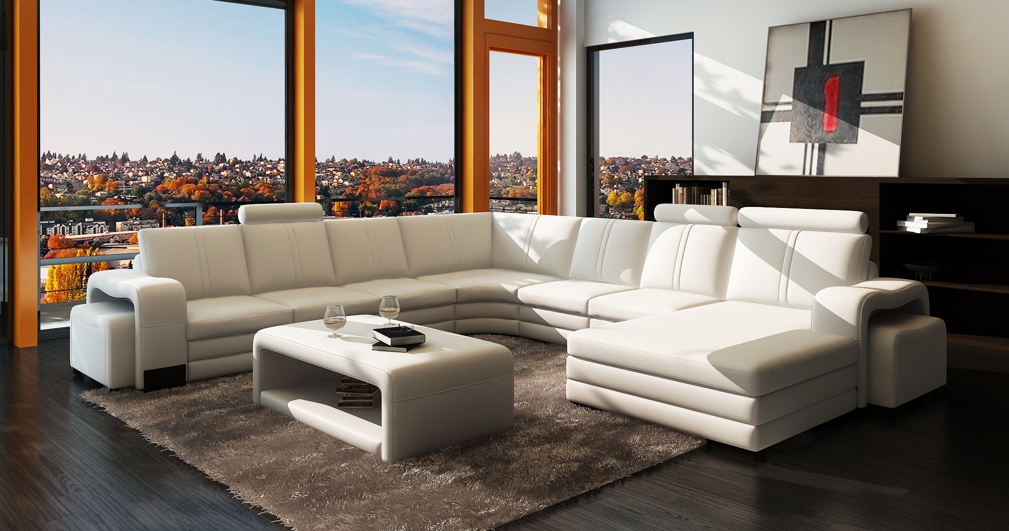JVmoebel Wohnlandschaft Ecksofa in Weiß mit Hocker und Couchtisch aus Lederfaserstoff, Set 1 Teile, Made in Europa