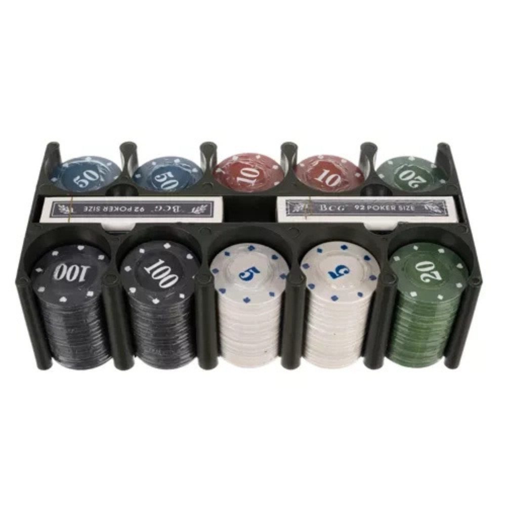 MALATEC Spielesammlung Pokerset Texas Hold'em 200 Chips, Strategiespiel Poker, Enthält 200 Chips, 2 Kartendecks, 3 Funktions-Tokens, grünes Spieltuch