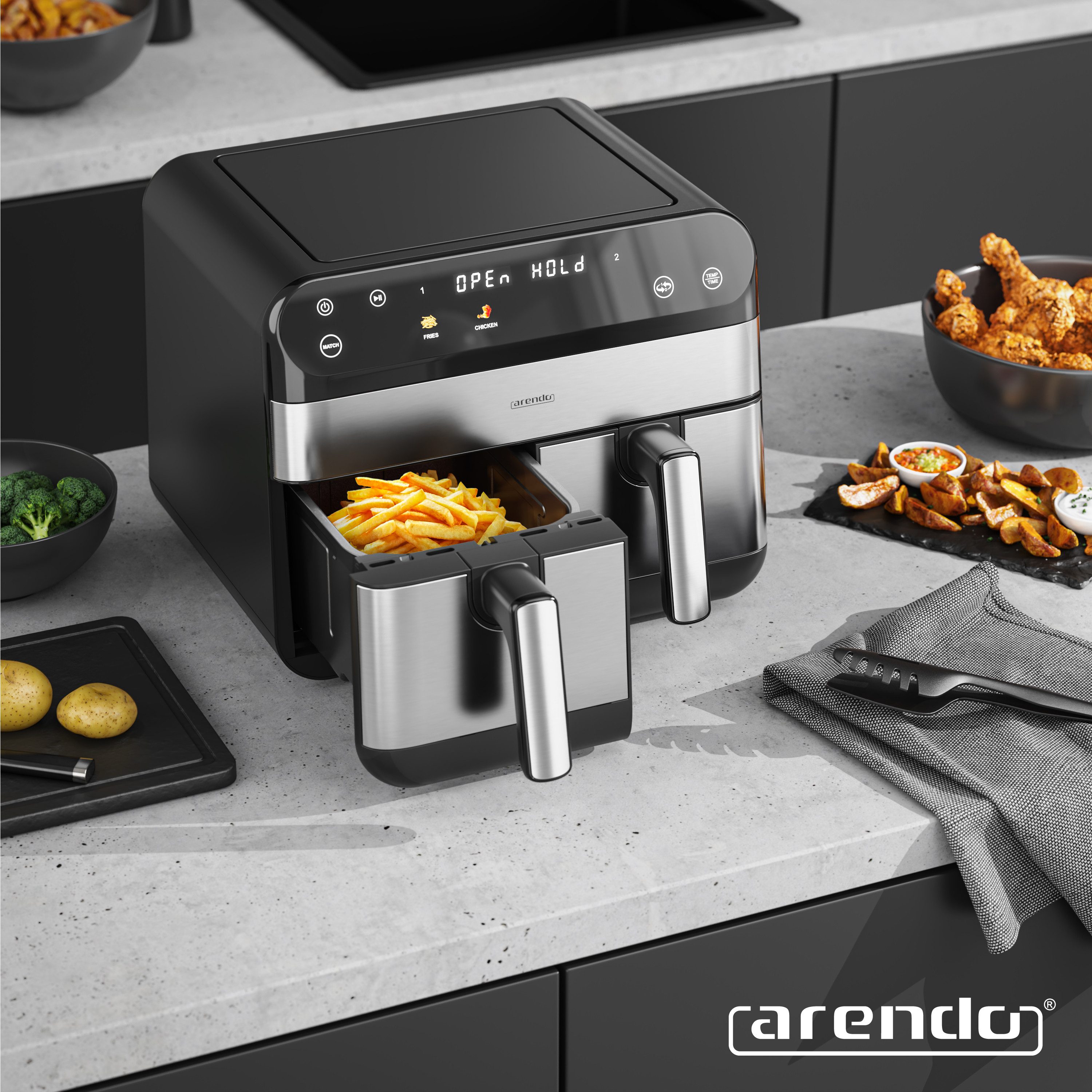 Arendo Heißluftfritteuse XXL Doppelkammer Airfryer 9L, Dual Zone, Backofen, Dörrautomat, 2400 W, mit Zubehör, Touchscreen, 3D Umluftsystem, fettarmes gesundes Kochen
