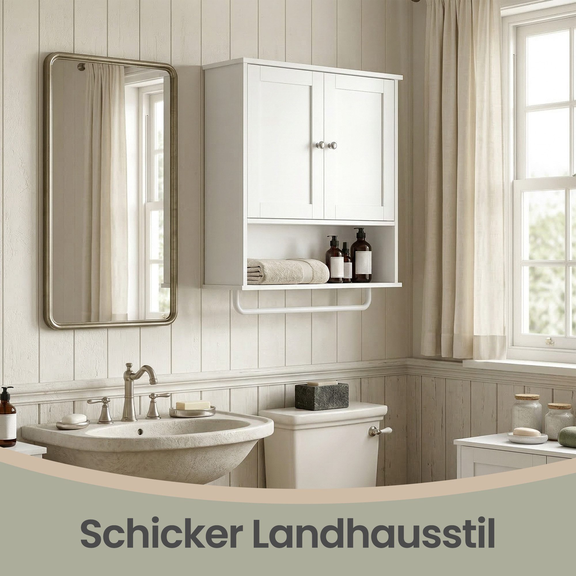 VASAGLE Hängeschrank Badezimmerschrank, Medizinschrank mit verstellbarem Einlegeboden Wandschrank mit Türen, Handtuchhalter und offenem Fach, Landhausstil – Bild 5 von 5