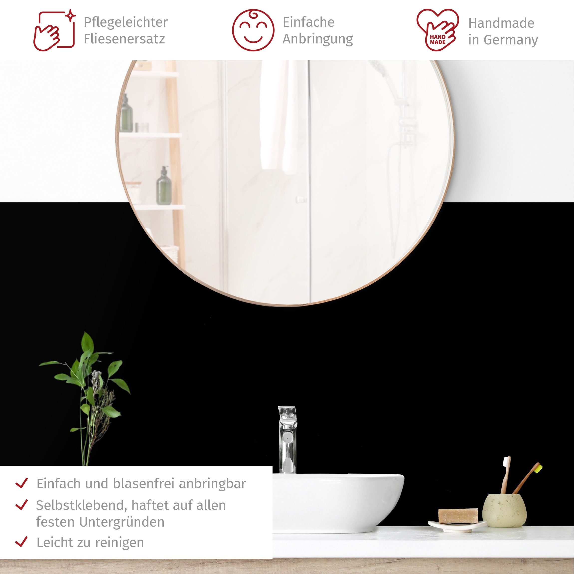 Bilderdepot24 Badrückwand schwarz fugenlose Wandverkleidung Bad Unifarben, (Hartfolie matt » Selbstklebend SMART 0,35 mm), wasserfestes Wandpaneel Tiefschwarz