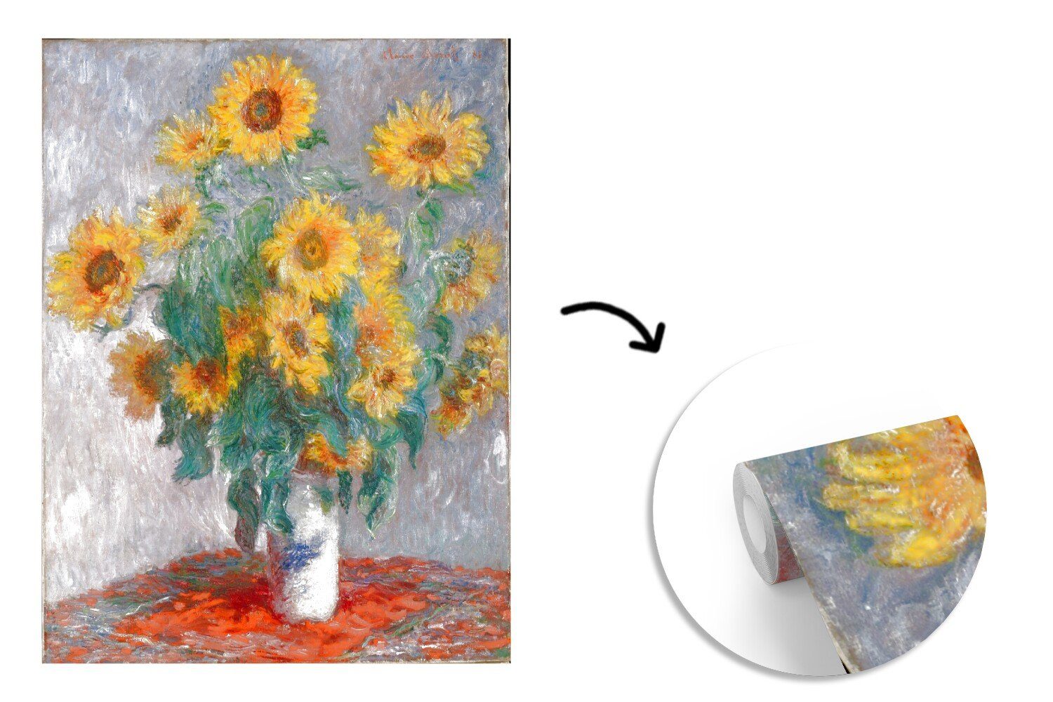 Küche, Claude Gemälde bedruckt, MuchoWow Schlafzimmer Matt, (3 - Blumenstrauß Fototapete St), für Vliestapete von mit Wohnzimmer Sonnenblumen Fototapete Monet,